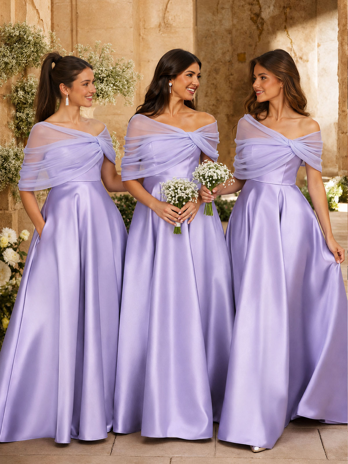 A-Line Asymmetrical Short Sleeves Sweep Train Satin Tulle Bridesmaid Dresses With Sweeping Side Drape, product image 1