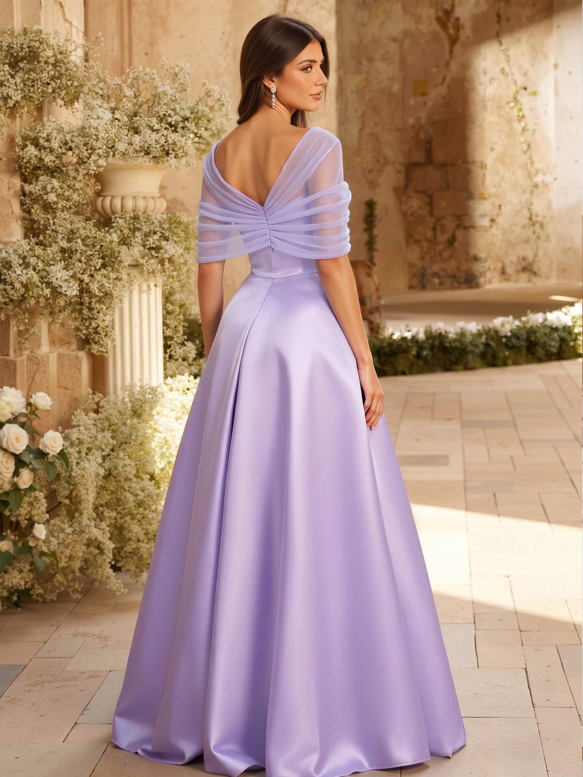 A-Line Asymmetrical Short Sleeves Sweep Train Satin Tulle Bridesmaid Dresses With Sweeping Side Drape, product image 2