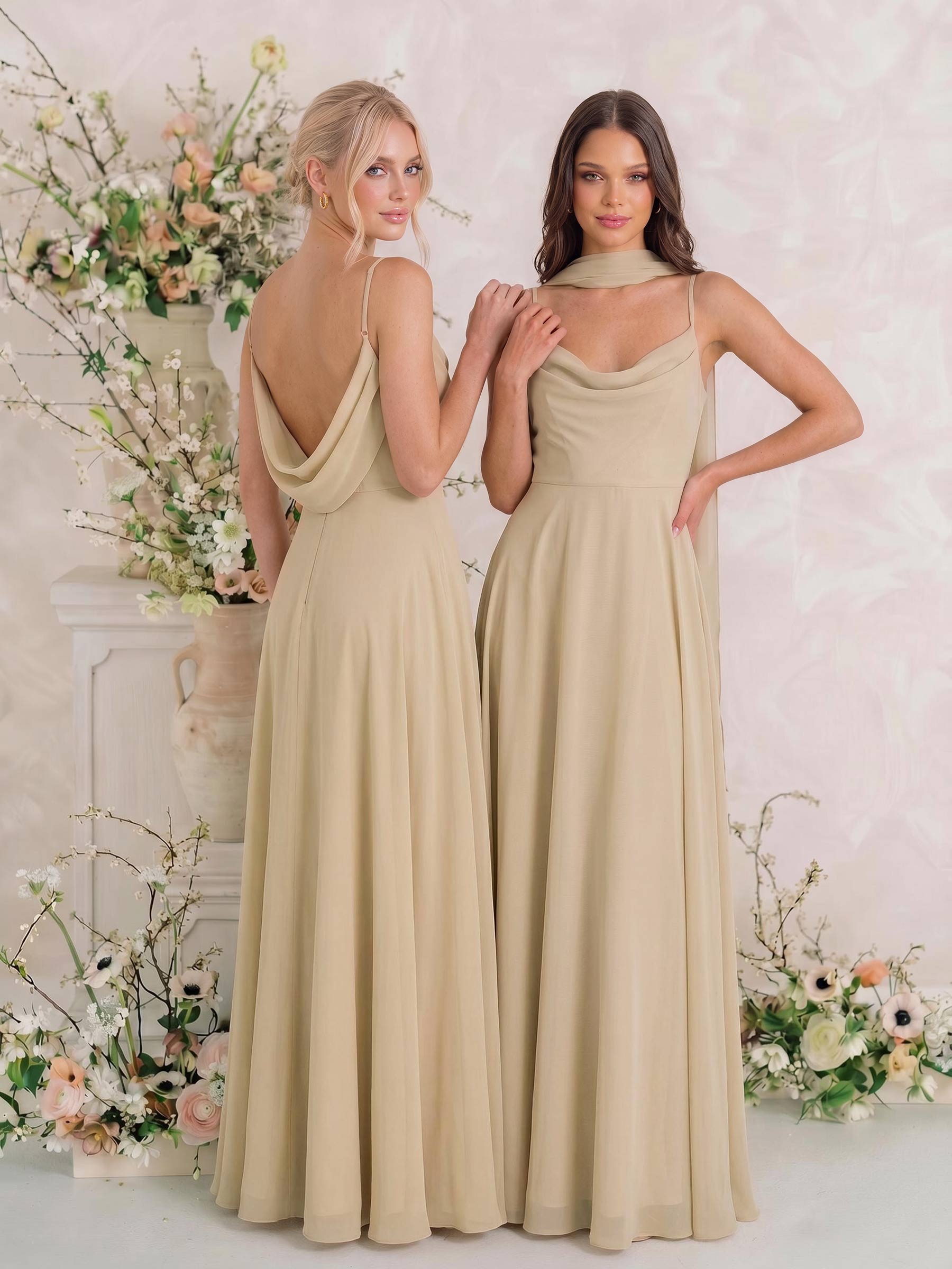 Elegant A-Line Cowl Neck Sleeveless Floor-Length Chiffon Bridesmaid Dresses With Split in Champagne, US2