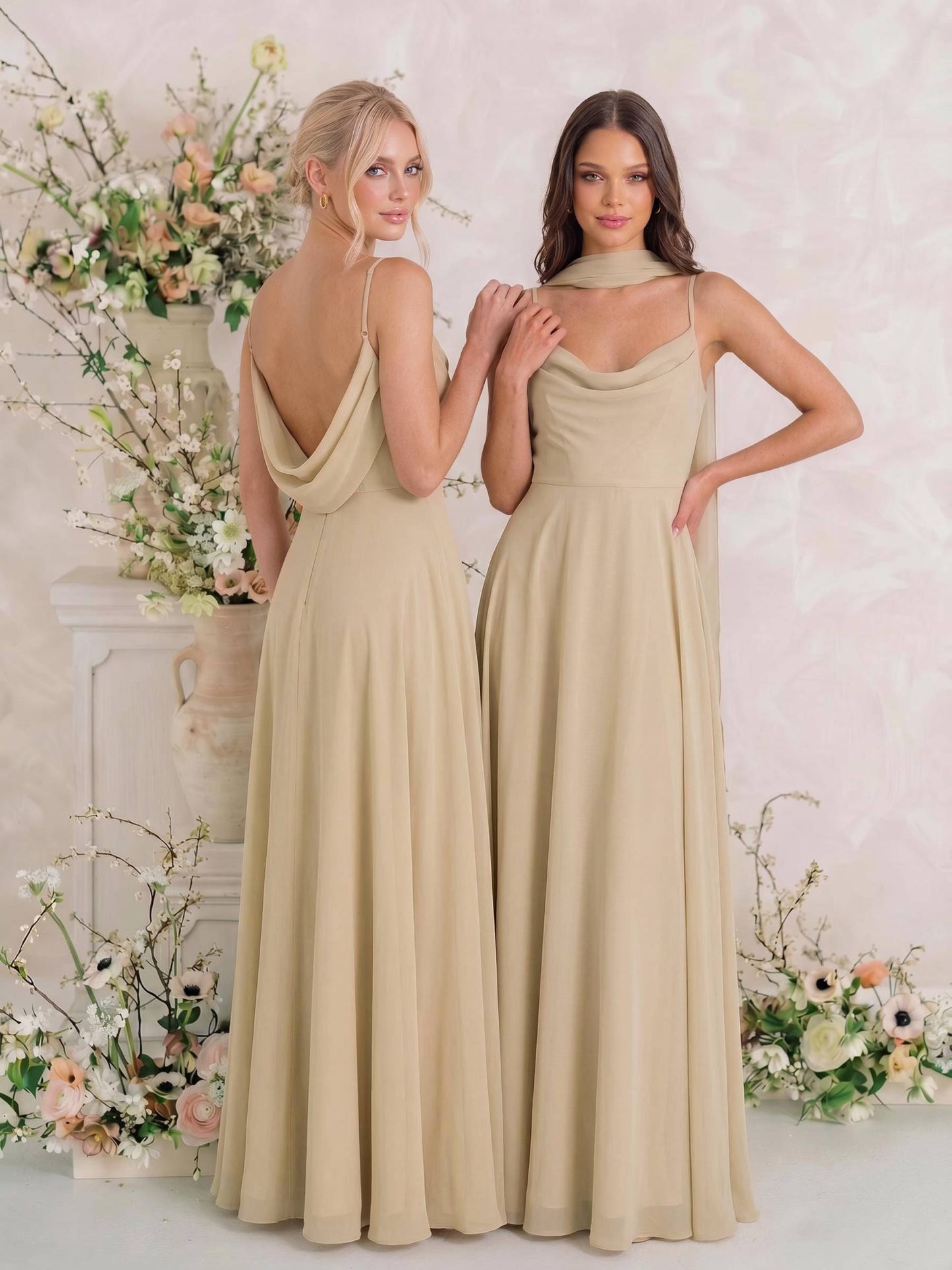 Elegant A-Line Cowl Neck Sleeveless Floor-Length Chiffon Bridesmaid Dresses With Split in Champagne, US2