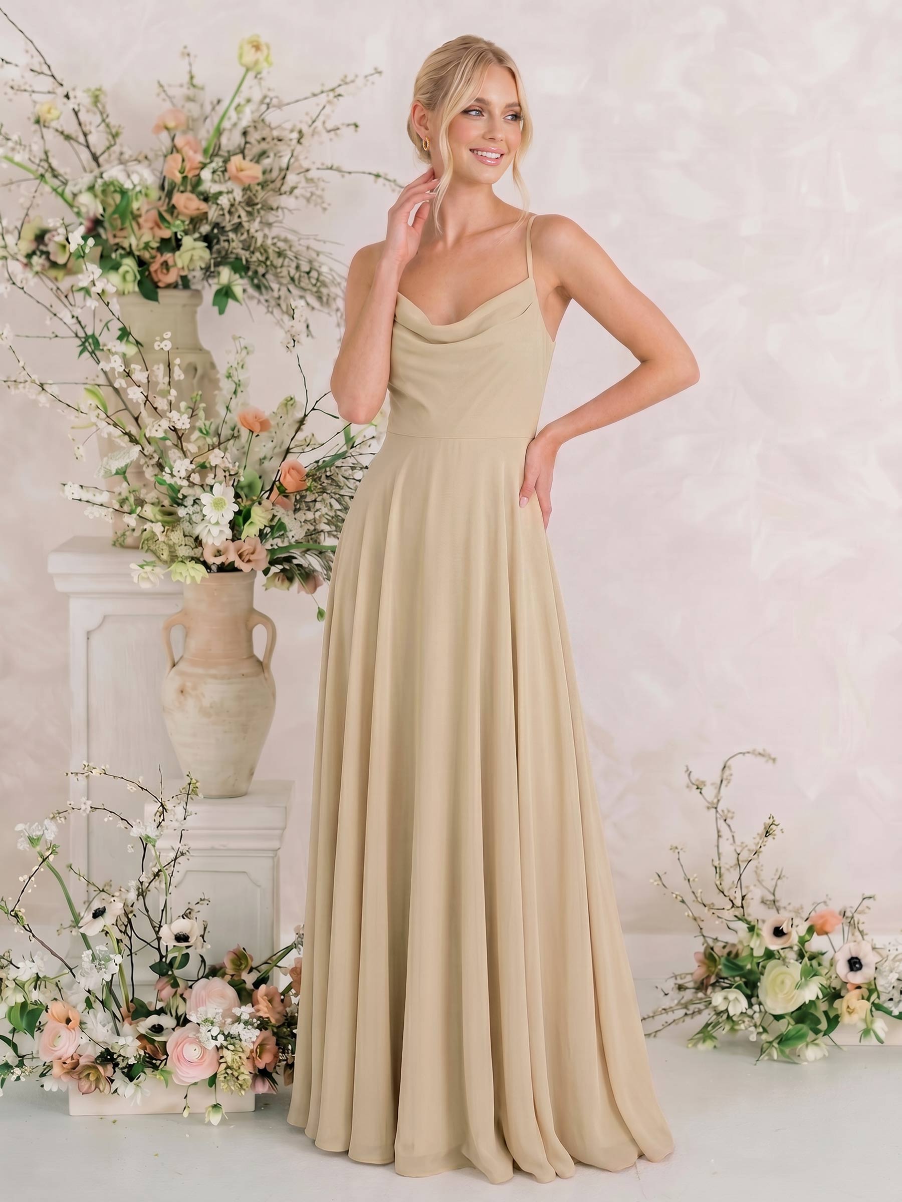 Elegant A-Line Cowl Neck Sleeveless Floor-Length Chiffon Bridesmaid Dresses With Split, image 2