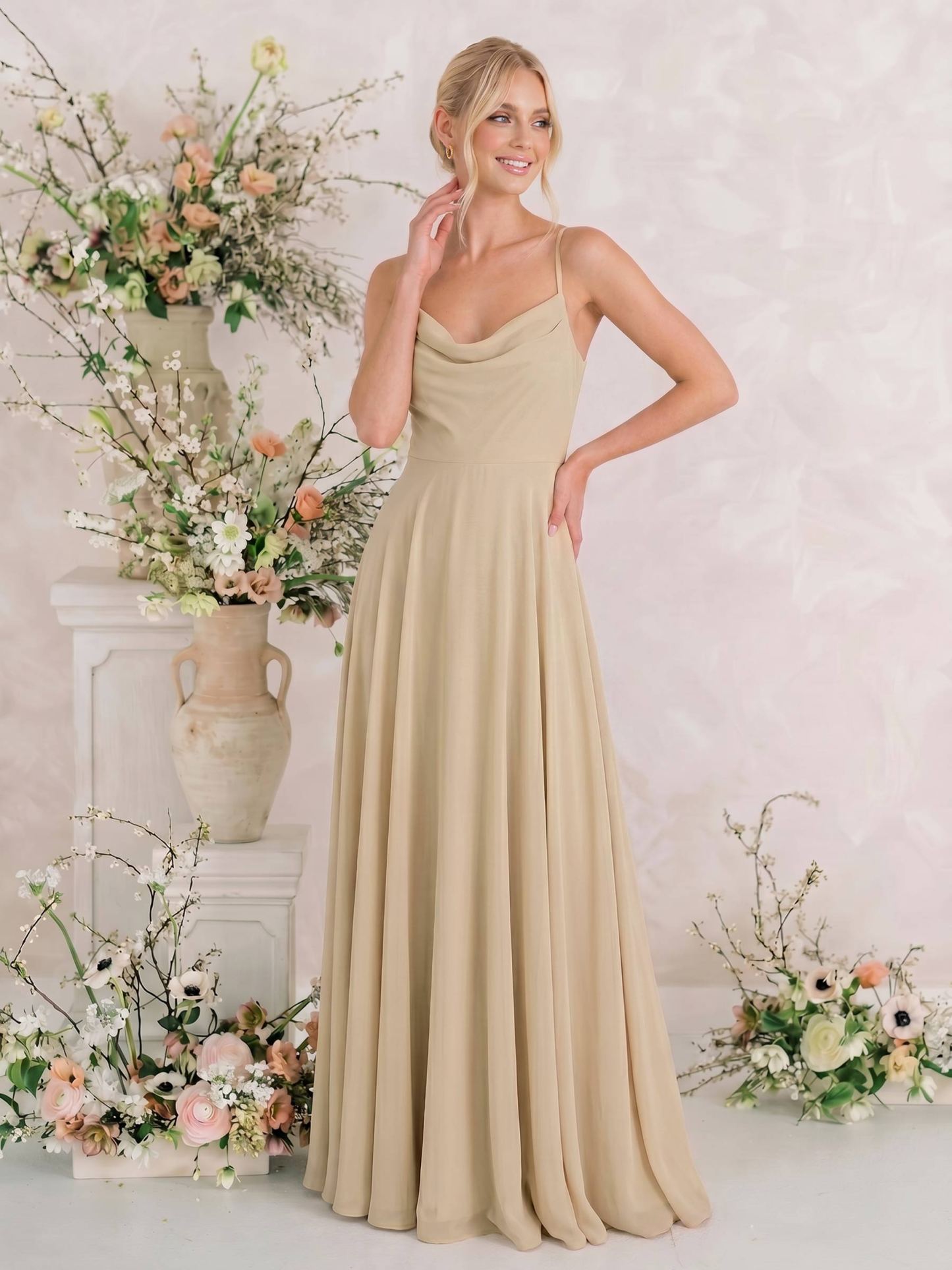 Elegant A-Line Cowl Neck Sleeveless Floor-Length Chiffon Bridesmaid Dresses With Split, image 2