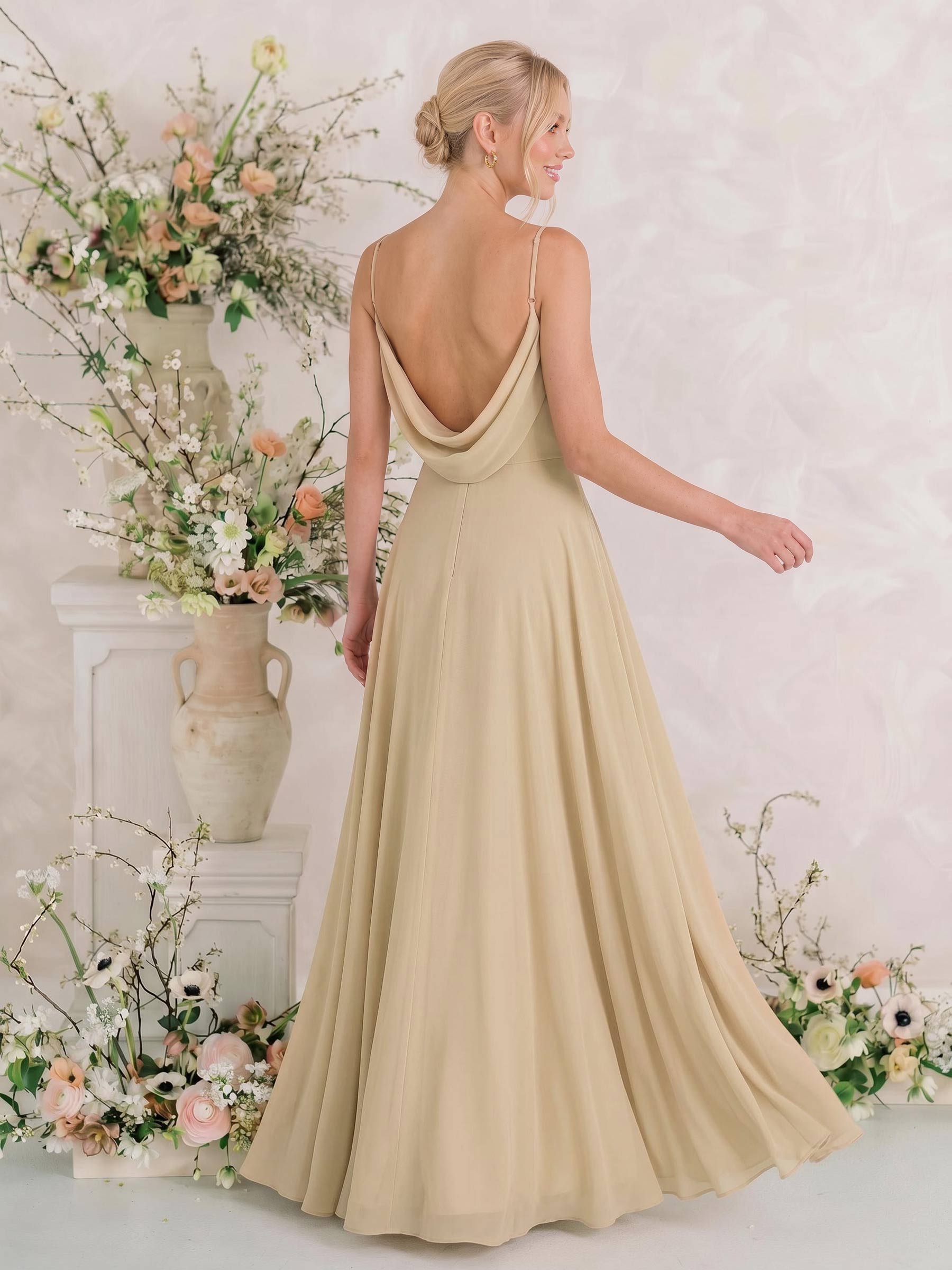Elegant A-Line Cowl Neck Sleeveless Floor-Length Chiffon Bridesmaid Dresses With Split, image 3