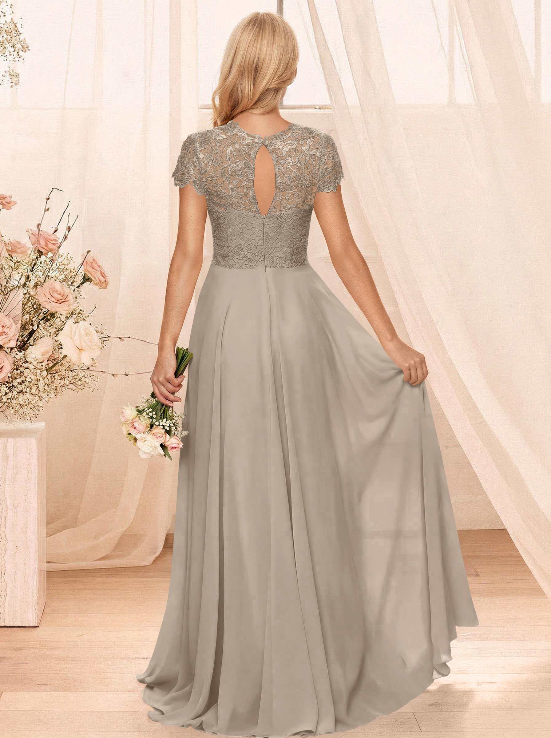 A-Line Scoop Neck Sleeveless Cap Straps Chiffon Floor-Length Bridesmaid Dresses With Lace, product image 122