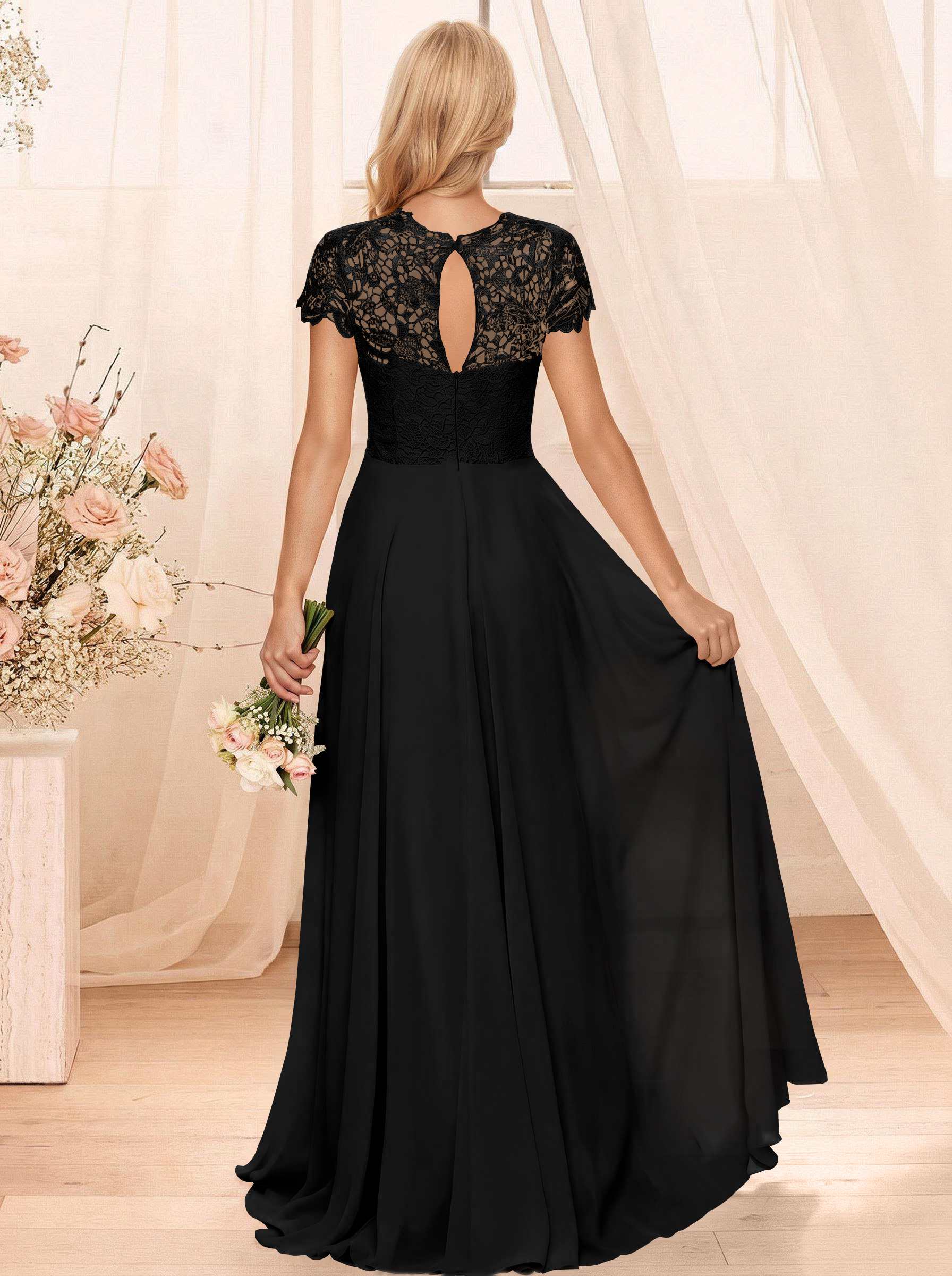 A-Line Scoop Neck Sleeveless Cap Straps Chiffon Floor-Length Bridesmaid Dresses With Lace, product image 118