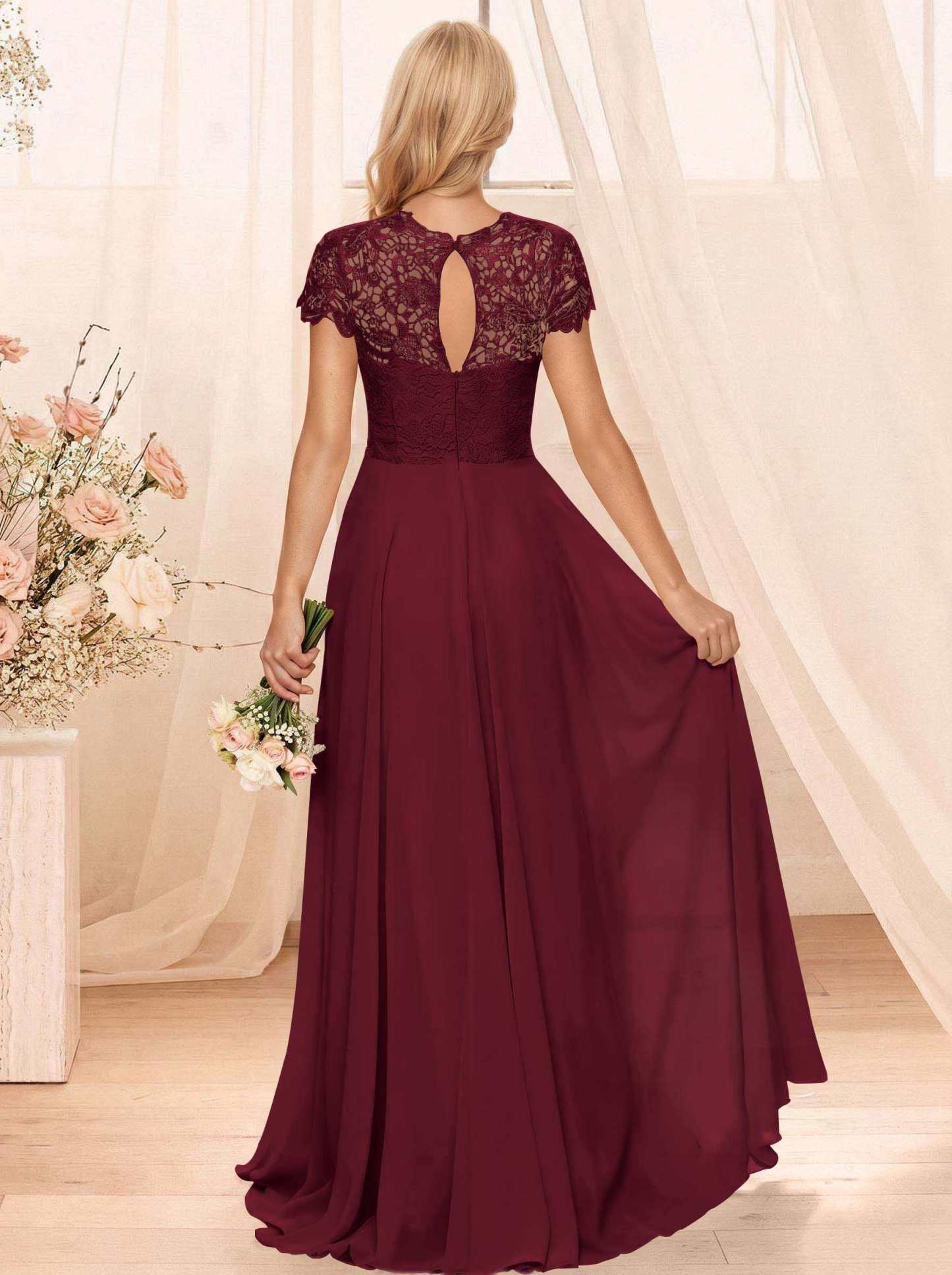 A-Line Scoop Neck Sleeveless Cap Straps Chiffon Floor-Length Bridesmaid Dresses With Lace, product image 30