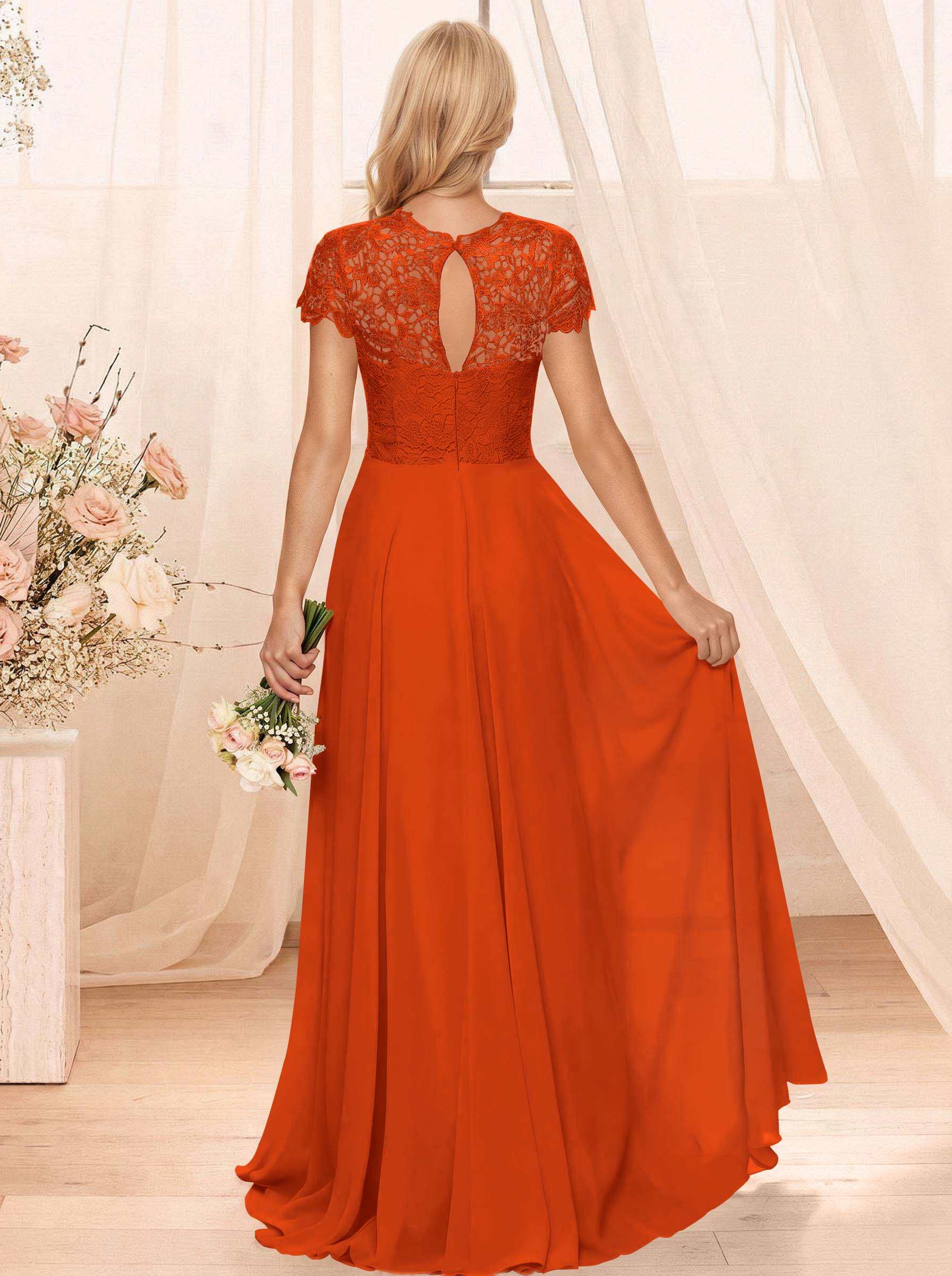 A-Line Scoop Neck Sleeveless Cap Straps Chiffon Floor-Length Bridesmaid Dresses With Lace, product image 124