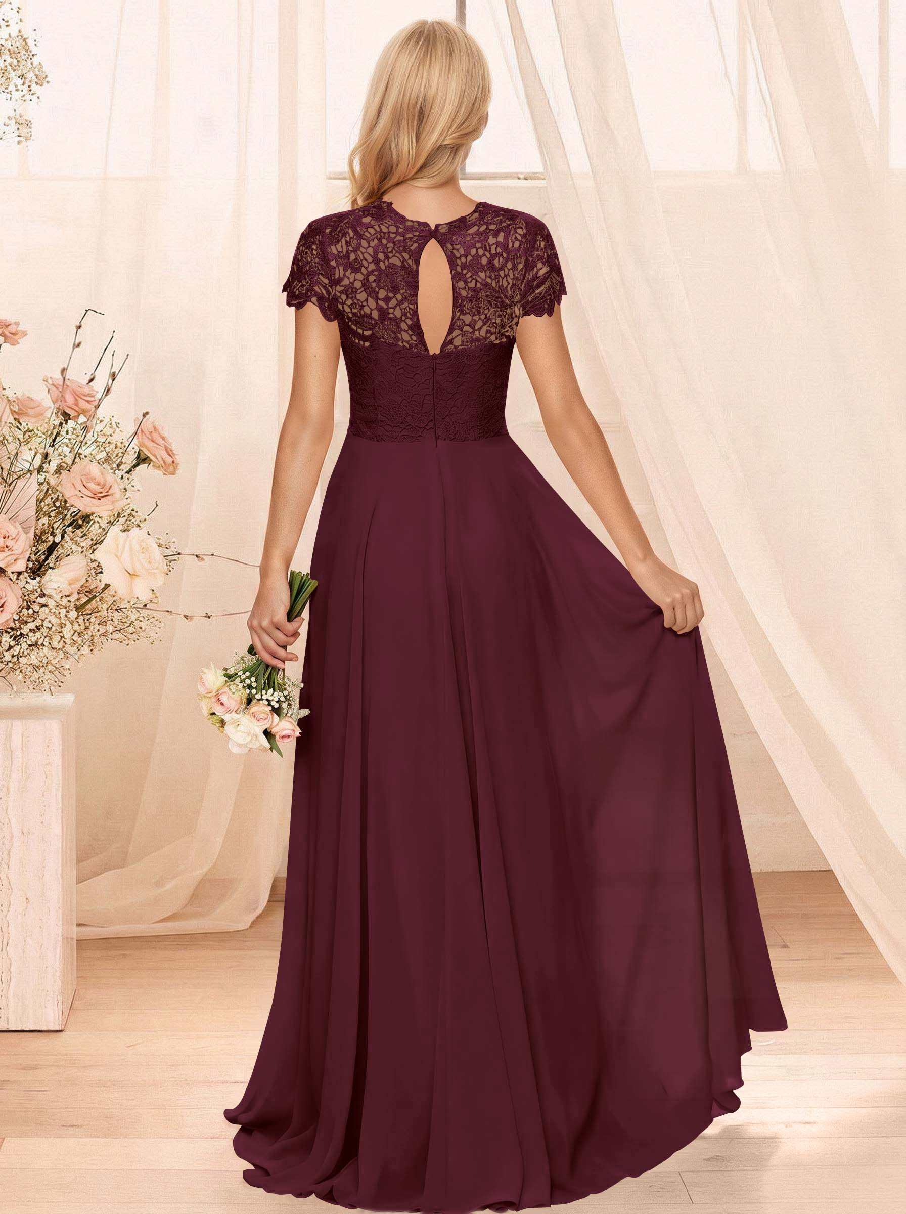A-Line Scoop Neck Sleeveless Cap Straps Chiffon Floor-Length Bridesmaid Dresses With Lace, product image 28