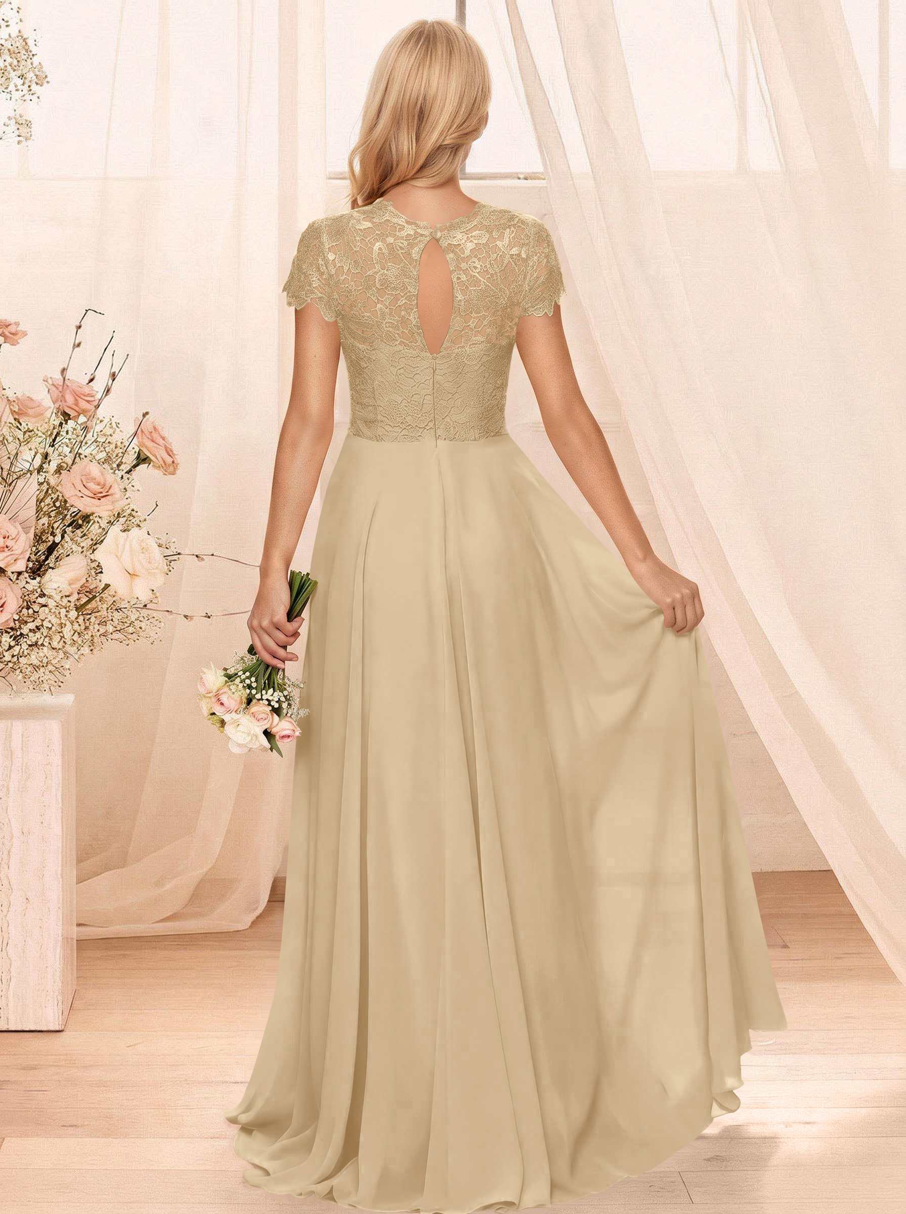 A-Line Scoop Neck Sleeveless Cap Straps Chiffon Floor-Length Bridesmaid Dresses With Lace, product image 96
