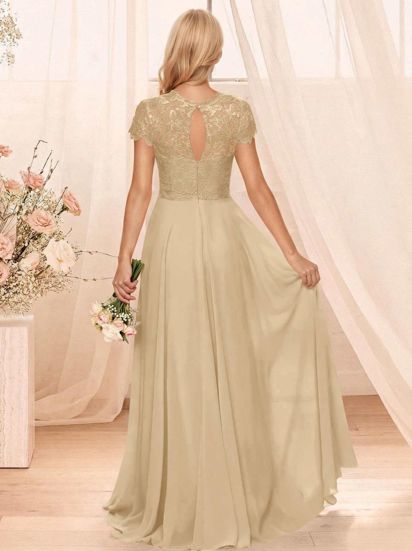 A-Line Scoop Neck Sleeveless Cap Straps Chiffon Floor-Length Bridesmaid Dresses With Lace, product image 96