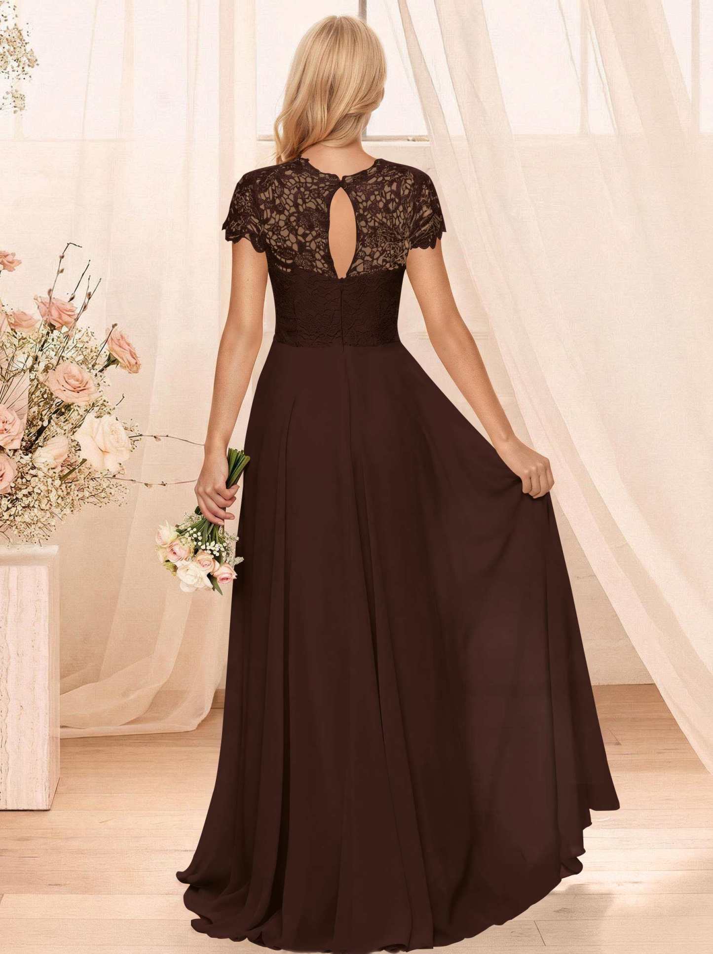 A-Line Scoop Neck Sleeveless Cap Straps Chiffon Floor-Length Bridesmaid Dresses With Lace, product image 108