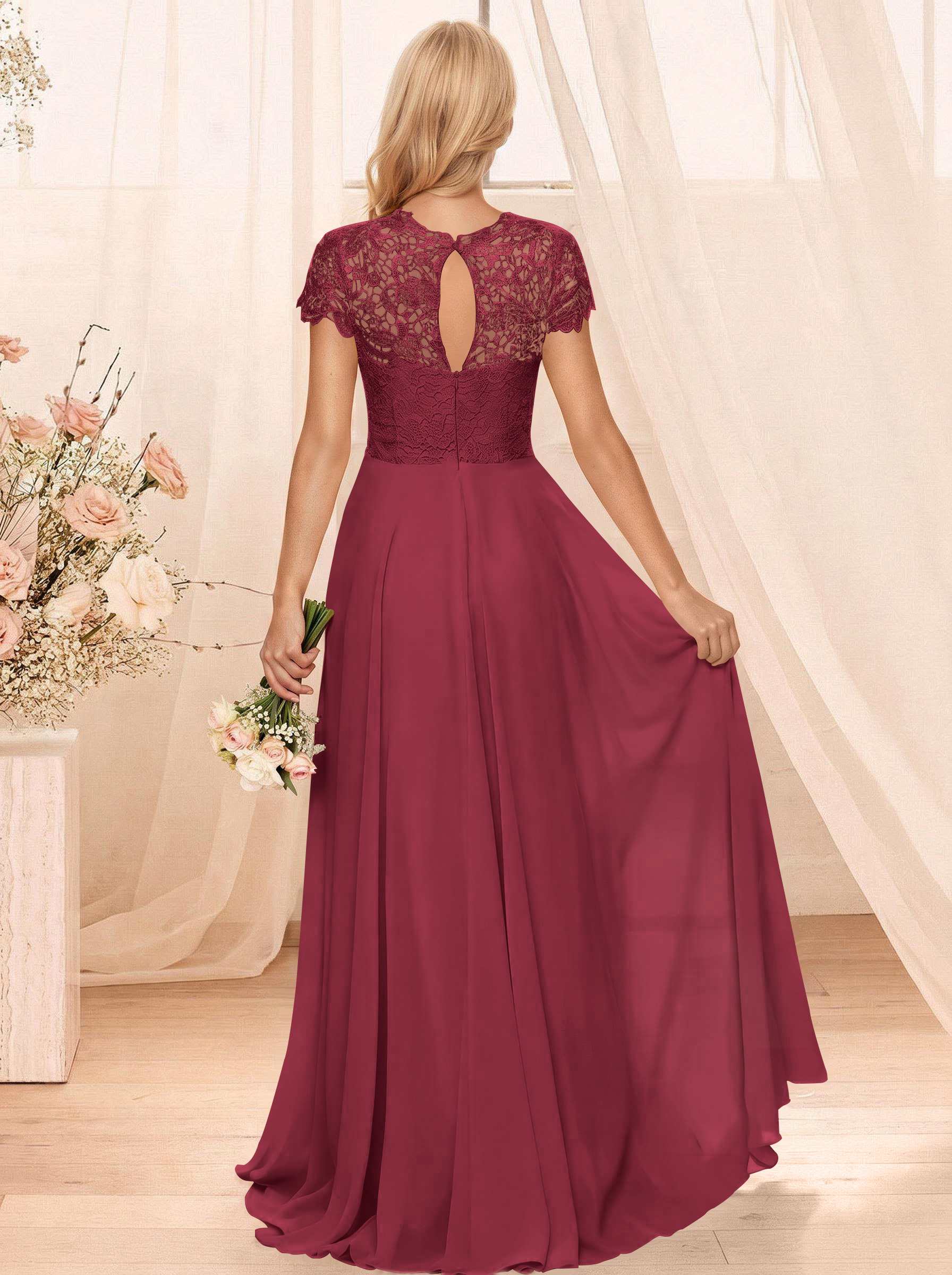 A-Line Scoop Neck Sleeveless Cap Straps Chiffon Floor-Length Bridesmaid Dresses With Lace, product image 32