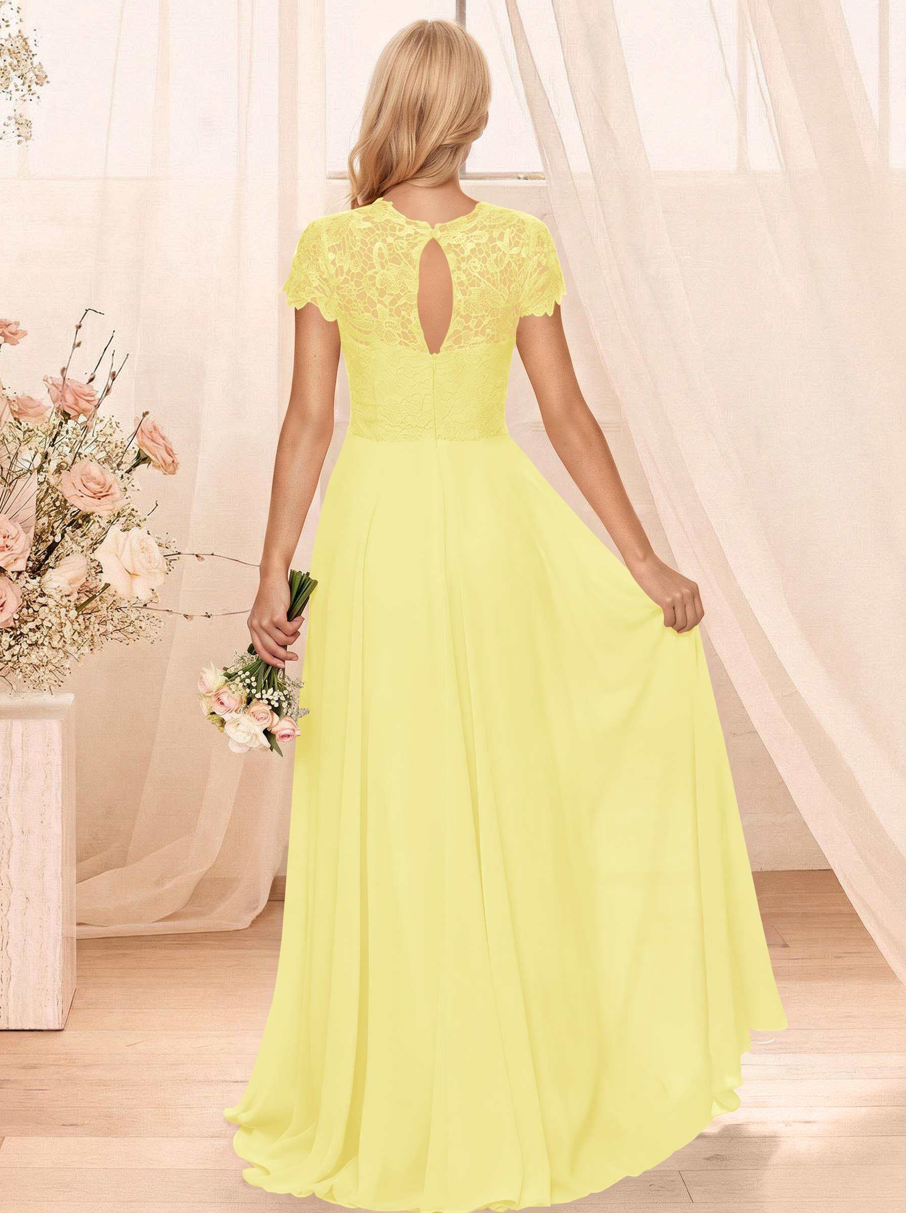 A-Line Scoop Neck Sleeveless Cap Straps Chiffon Floor-Length Bridesmaid Dresses With Lace, product image 100
