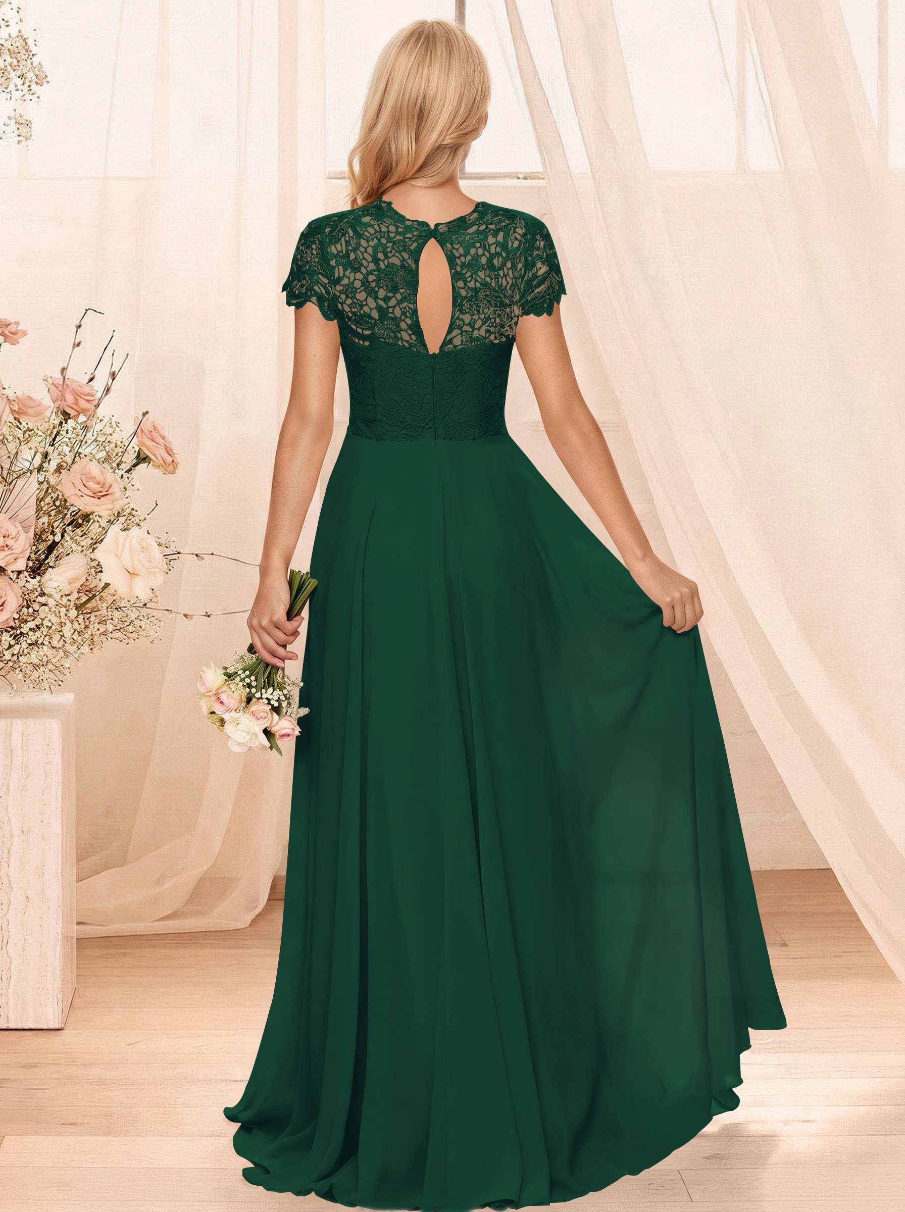 A-Line Scoop Neck Sleeveless Cap Straps Chiffon Floor-Length Bridesmaid Dresses With Lace, product image 80