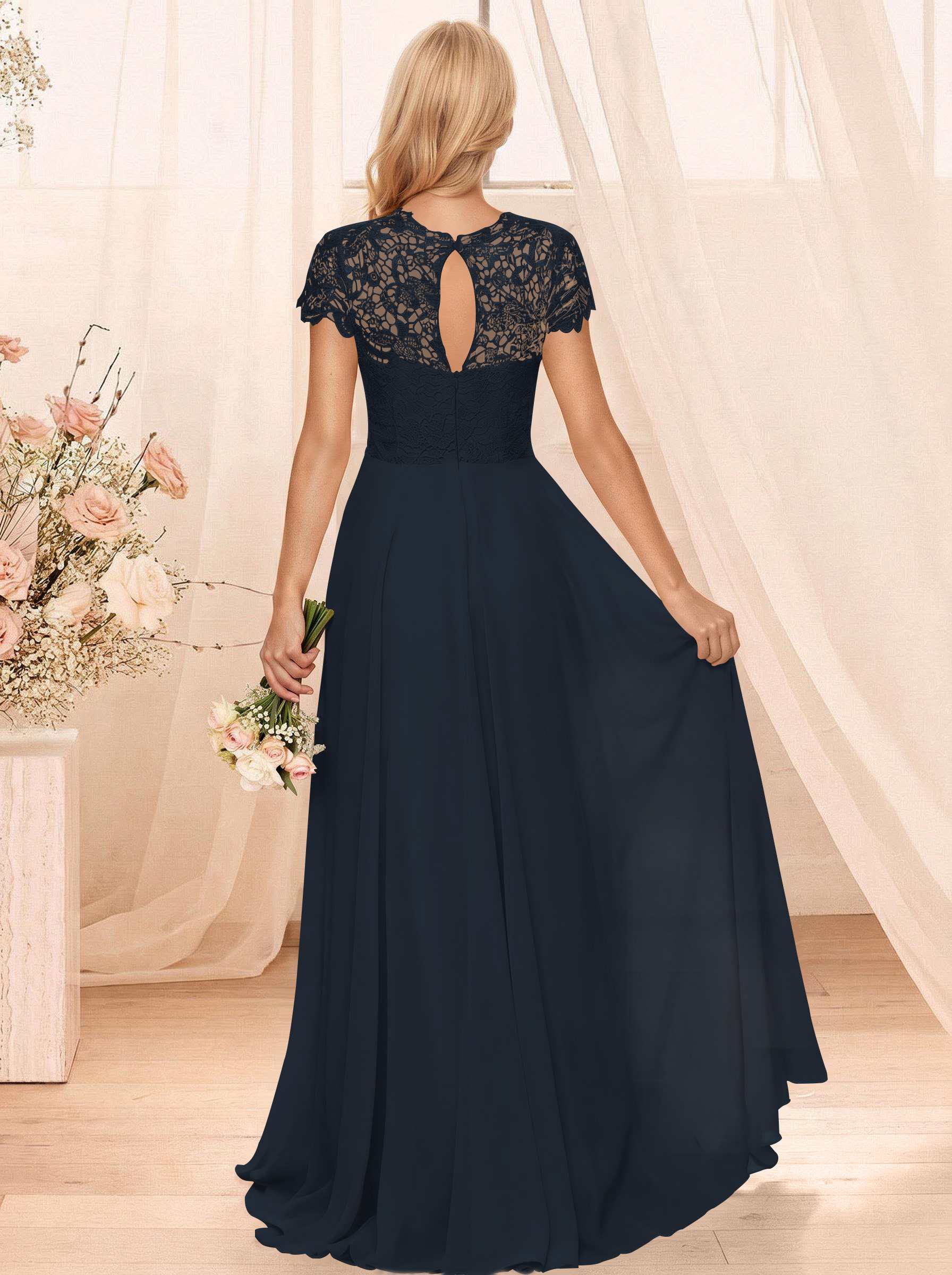 A-Line Scoop Neck Sleeveless Cap Straps Chiffon Floor-Length Bridesmaid Dresses With Lace, product image 4