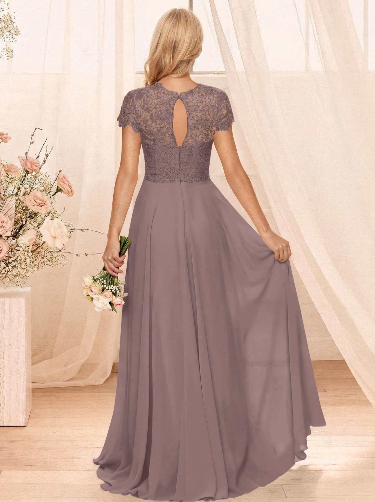 A-Line Scoop Neck Sleeveless Cap Straps Chiffon Floor-Length Bridesmaid Dresses With Lace, product image 54