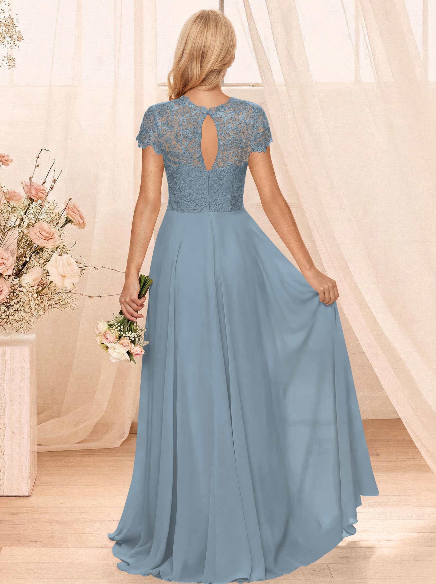 A-Line Scoop Neck Sleeveless Cap Straps Chiffon Floor-Length Bridesmaid Dresses With Lace, product image 8