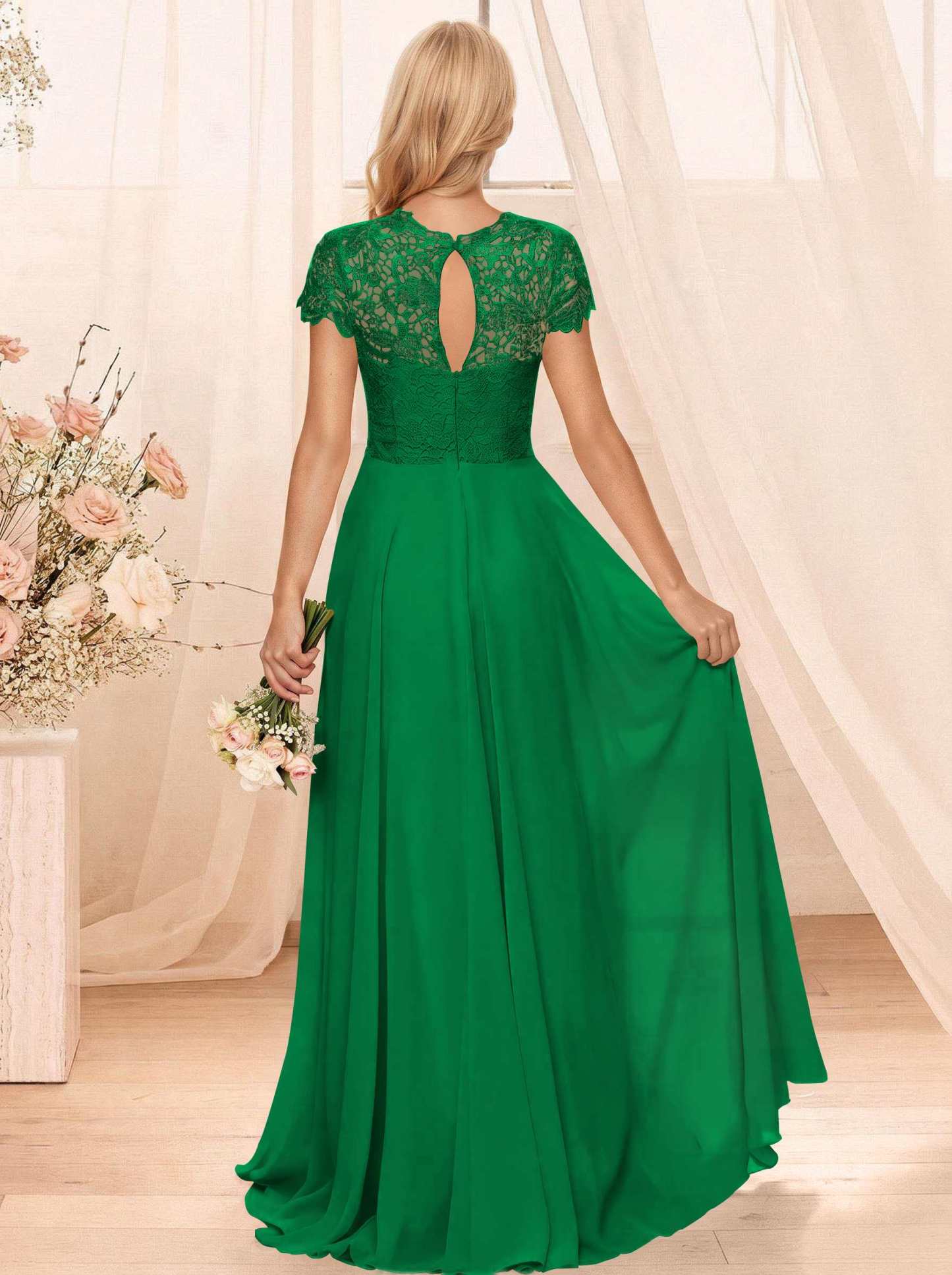 A-Line Scoop Neck Sleeveless Cap Straps Chiffon Floor-Length Bridesmaid Dresses With Lace, product image 128