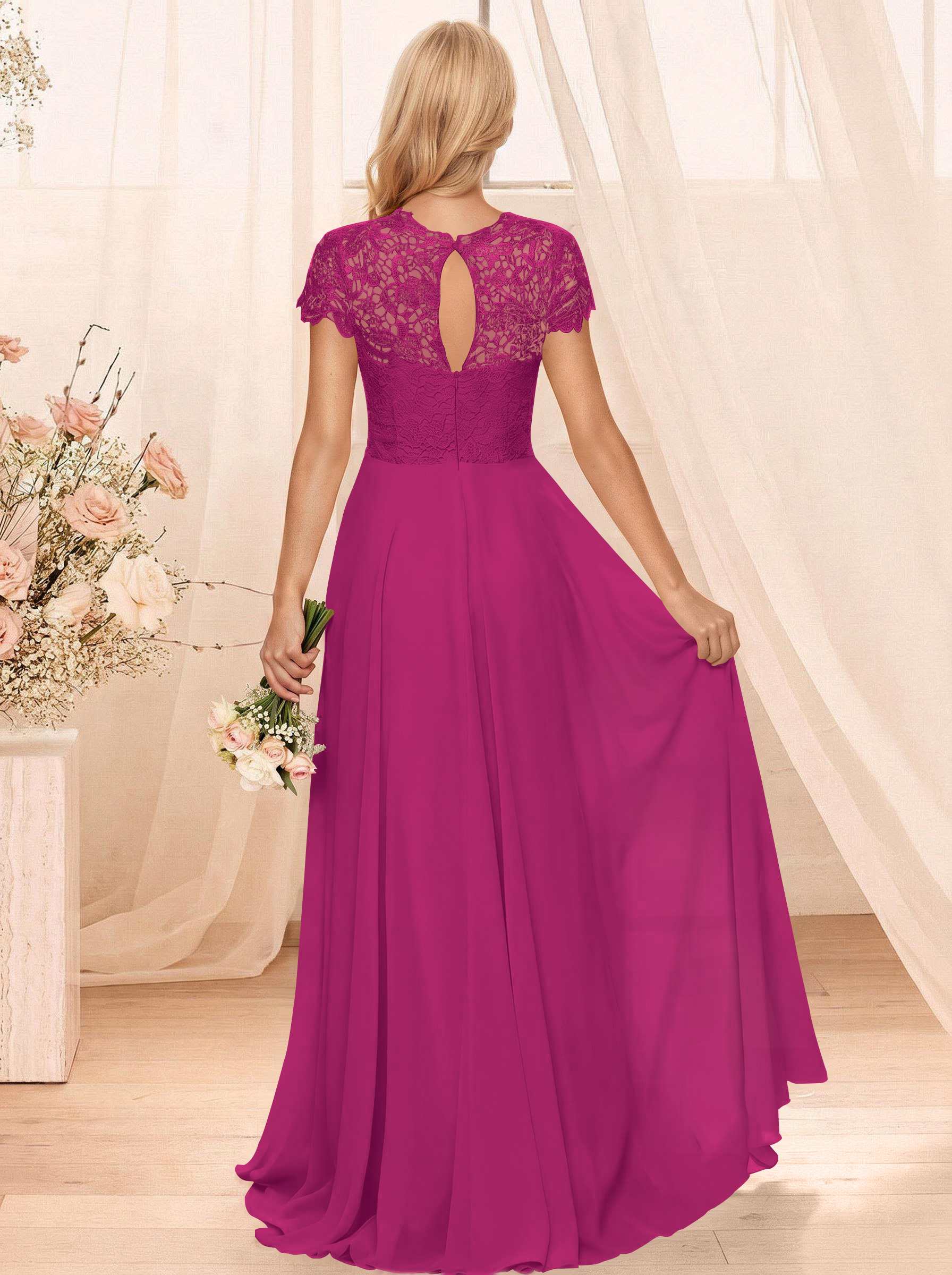 A-Line Scoop Neck Sleeveless Cap Straps Chiffon Floor-Length Bridesmaid Dresses With Lace, product image 76