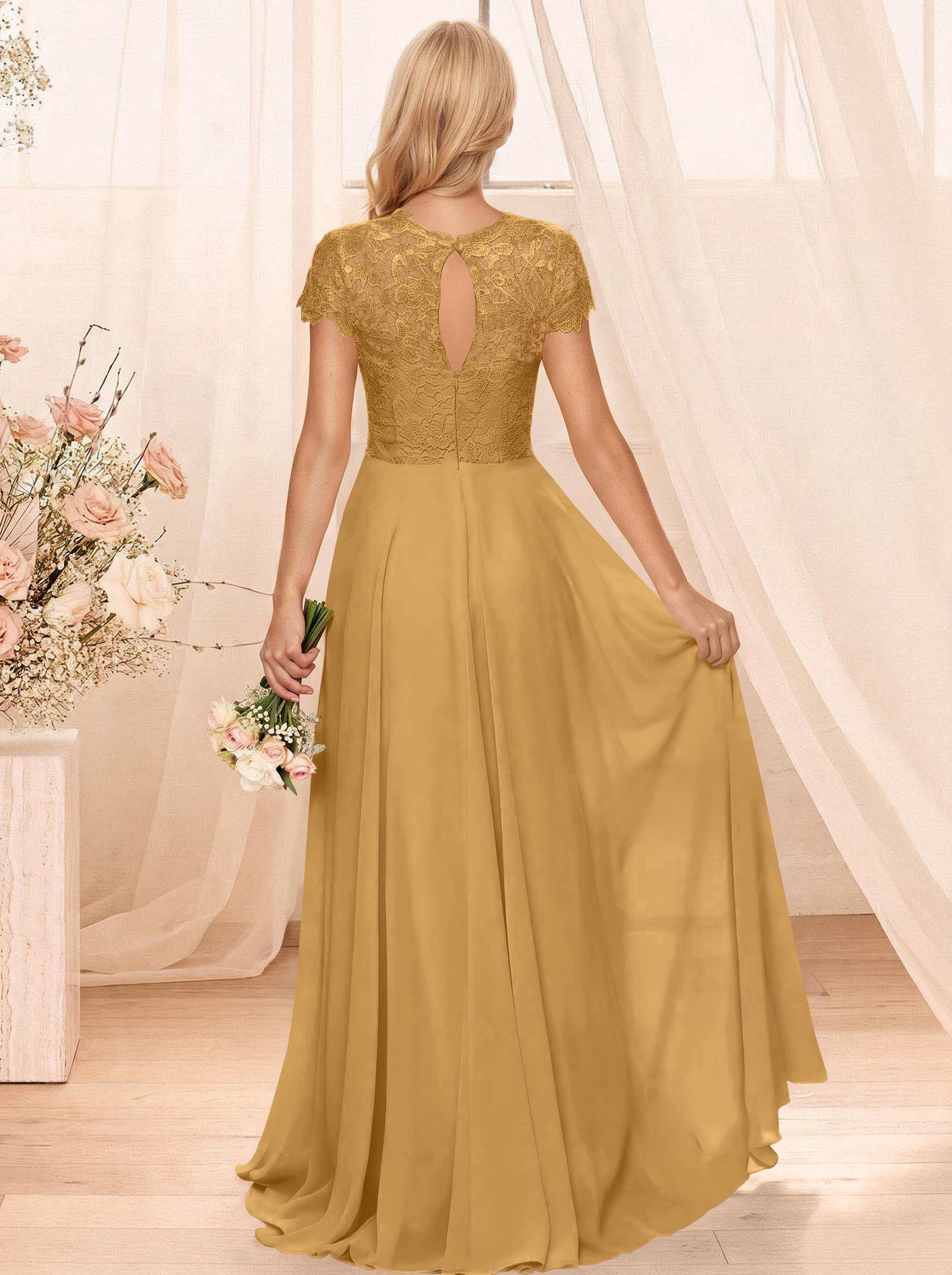 A-Line Scoop Neck Sleeveless Cap Straps Chiffon Floor-Length Bridesmaid Dresses With Lace, product image 102