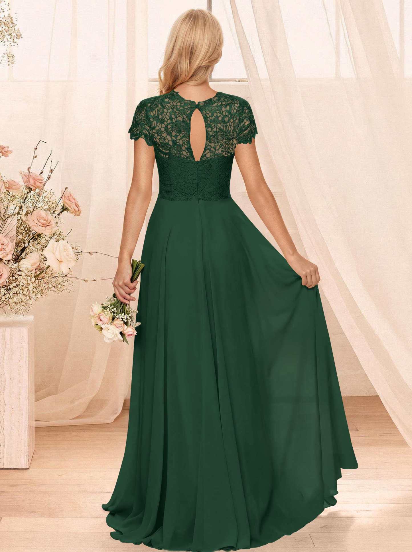A-Line Scoop Neck Sleeveless Cap Straps Chiffon Floor-Length Bridesmaid Dresses With Lace, product image 82