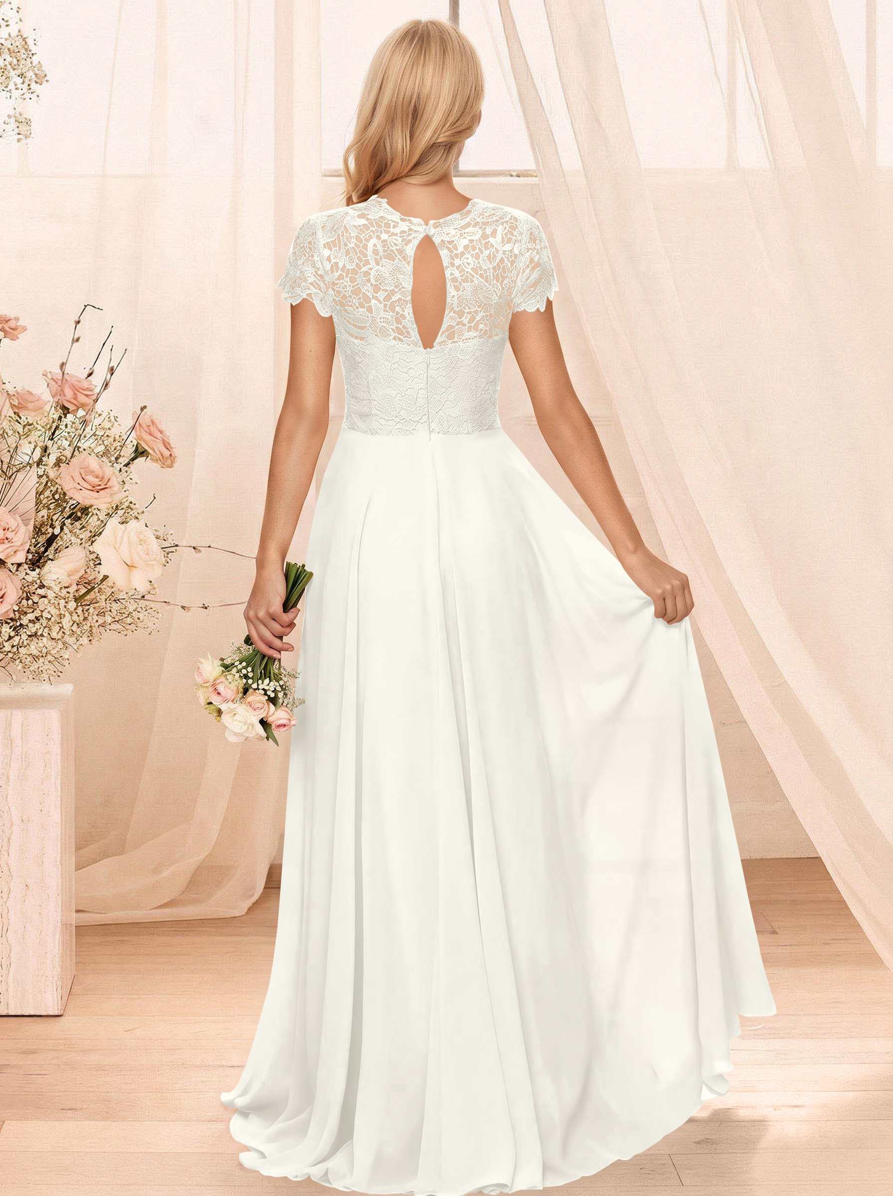 A-Line Scoop Neck Sleeveless Cap Straps Chiffon Floor-Length Bridesmaid Dresses With Lace, product image 110