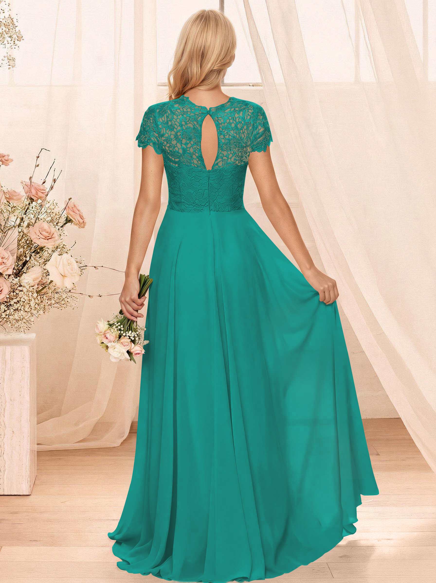 A-Line Scoop Neck Sleeveless Cap Straps Chiffon Floor-Length Bridesmaid Dresses With Lace, product image 86