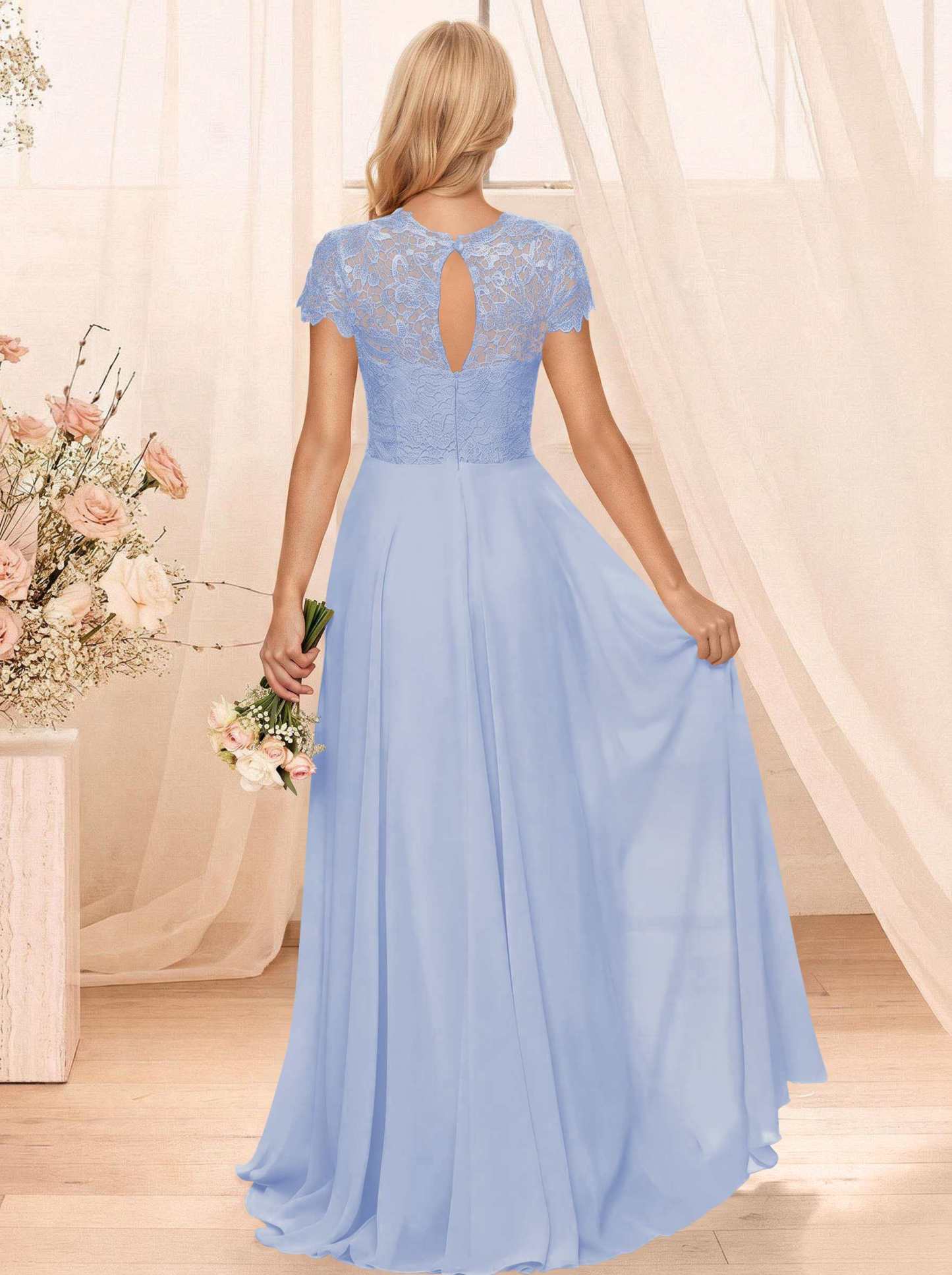 A-Line Scoop Neck Sleeveless Cap Straps Chiffon Floor-Length Bridesmaid Dresses With Lace, product image 64