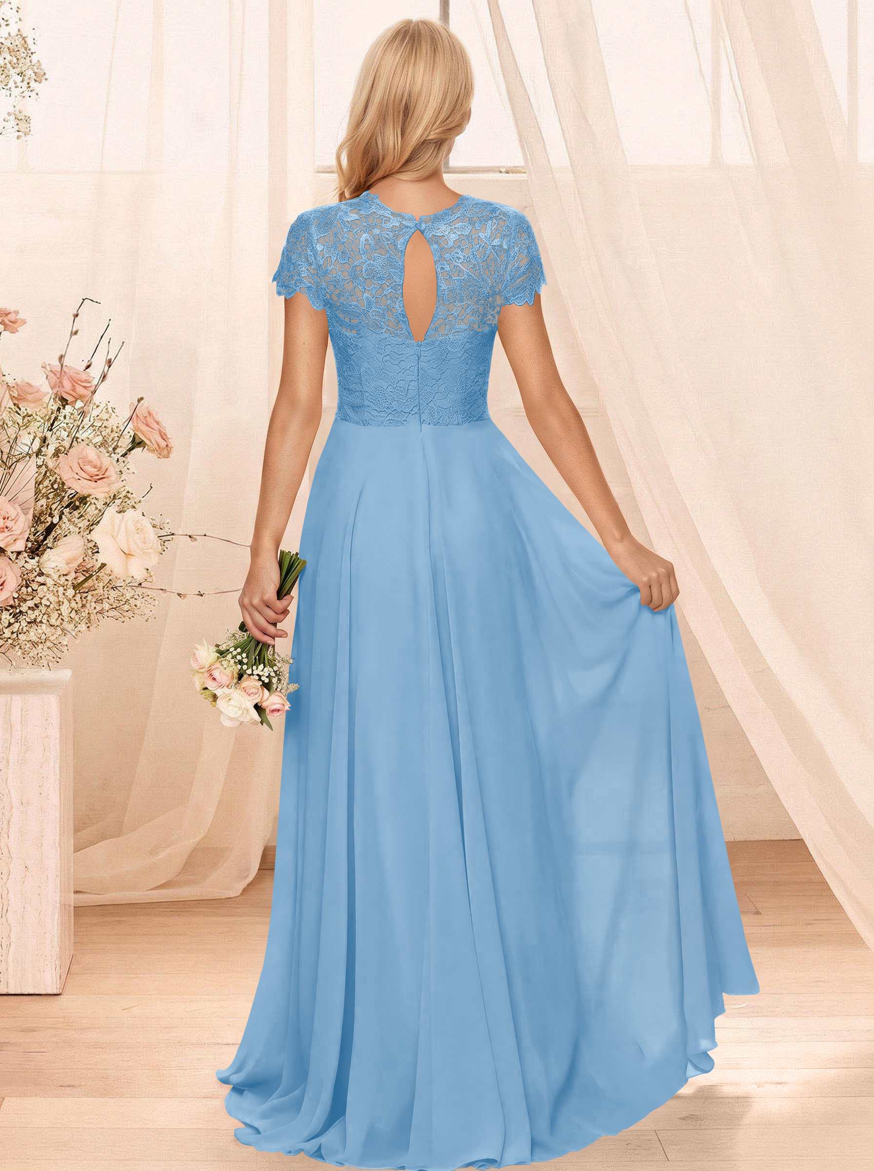 A-Line Scoop Neck Sleeveless Cap Straps Chiffon Floor-Length Bridesmaid Dresses With Lace, product image 22