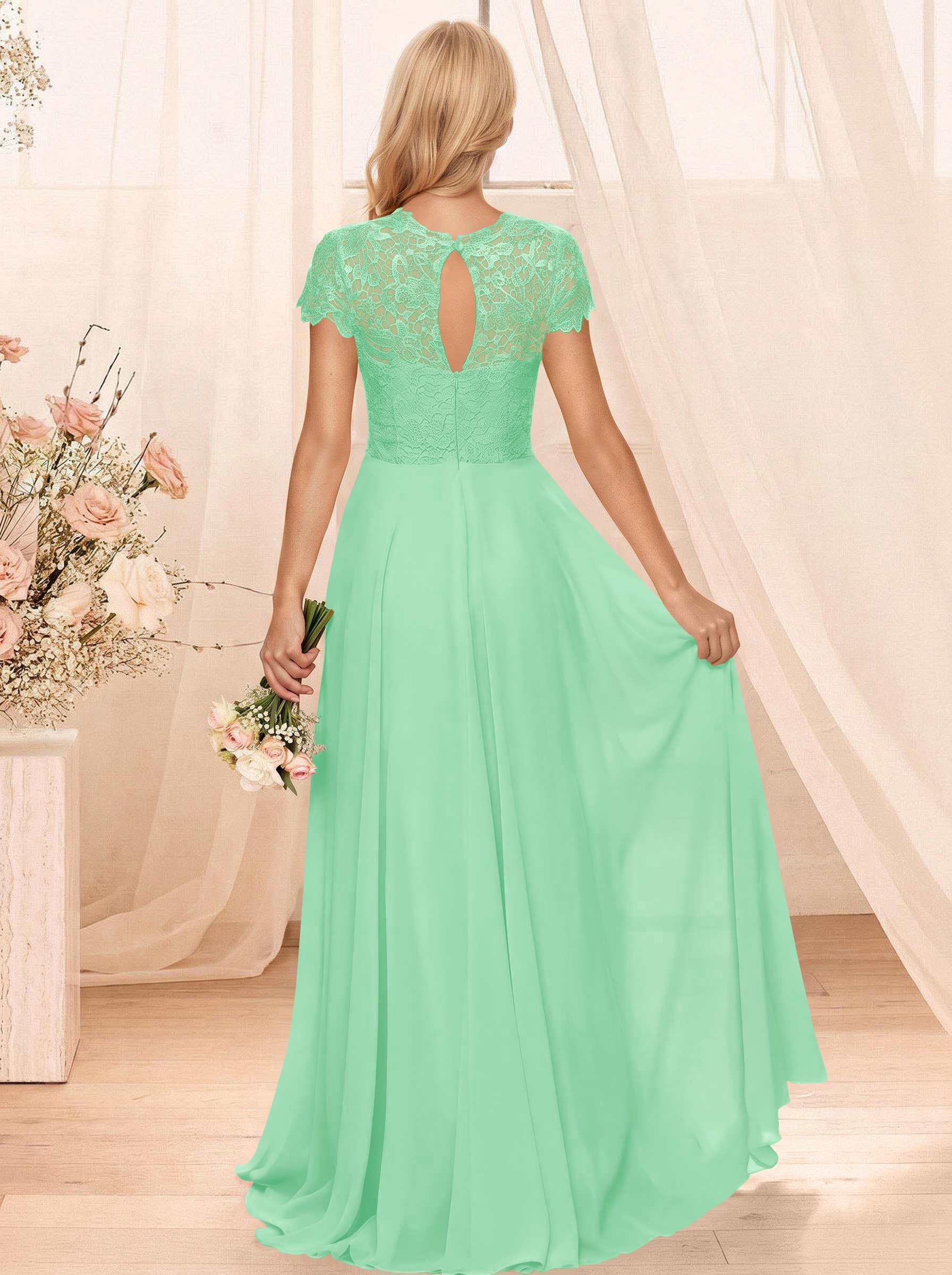 A-Line Scoop Neck Sleeveless Cap Straps Chiffon Floor-Length Bridesmaid Dresses With Lace, product image 92