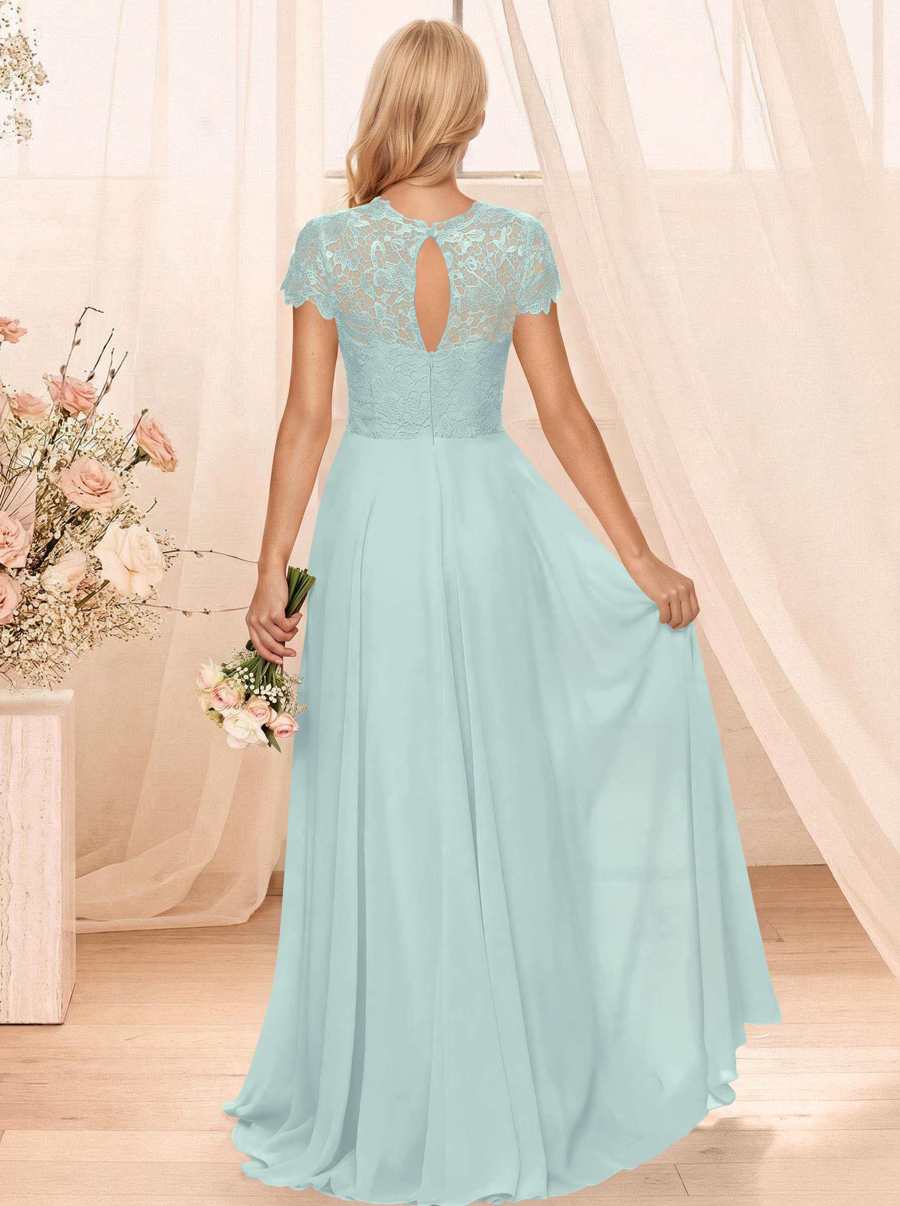 A-Line Scoop Neck Sleeveless Cap Straps Chiffon Floor-Length Bridesmaid Dresses With Lace, product image 26
