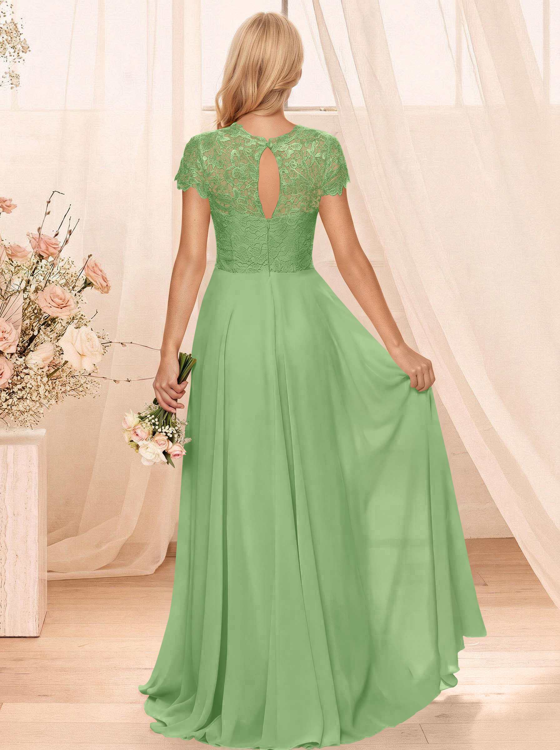 A-Line Scoop Neck Sleeveless Cap Straps Chiffon Floor-Length Bridesmaid Dresses With Lace, product image 132