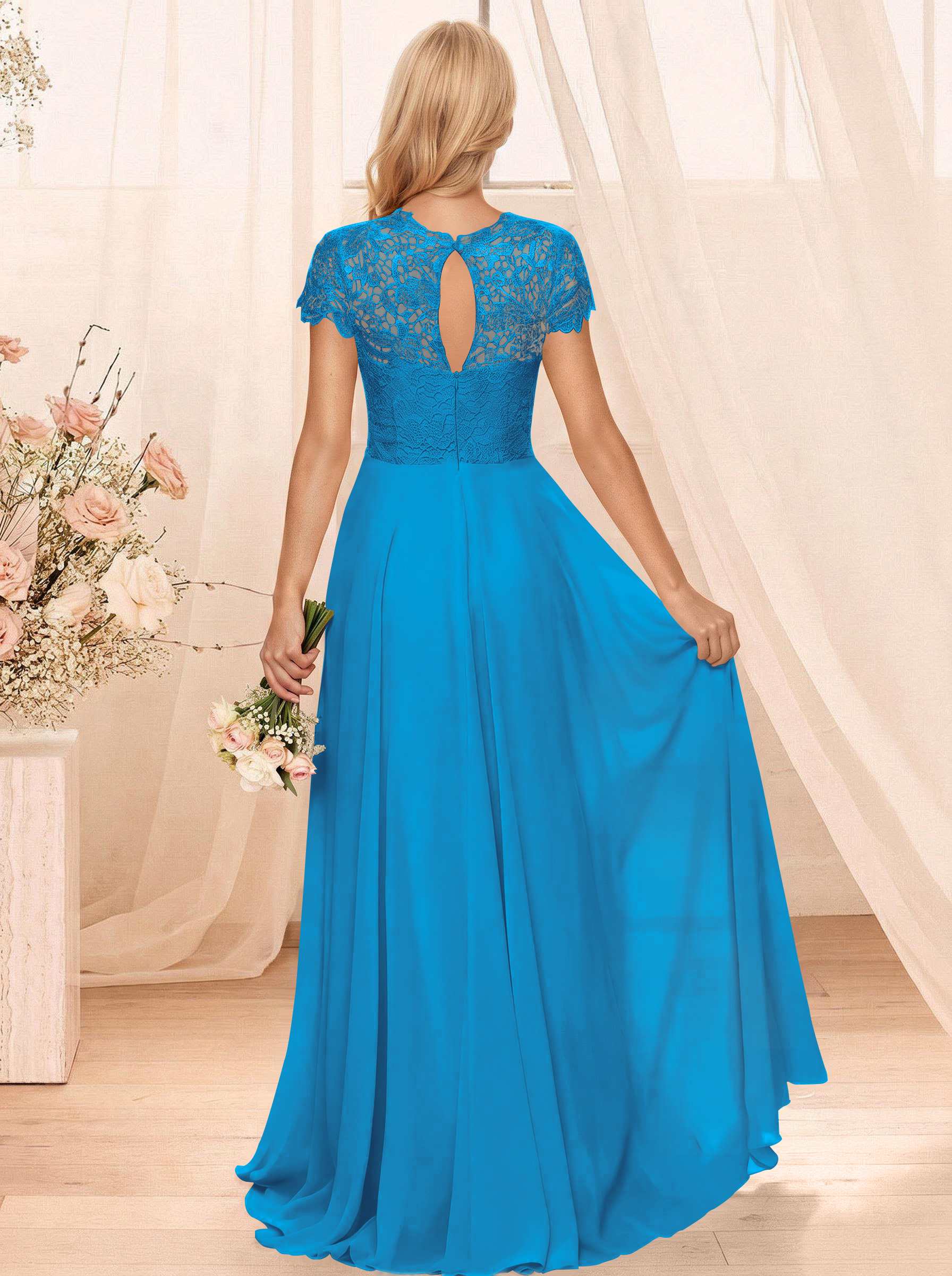 A-Line Scoop Neck Sleeveless Cap Straps Chiffon Floor-Length Bridesmaid Dresses With Lace, product image 18