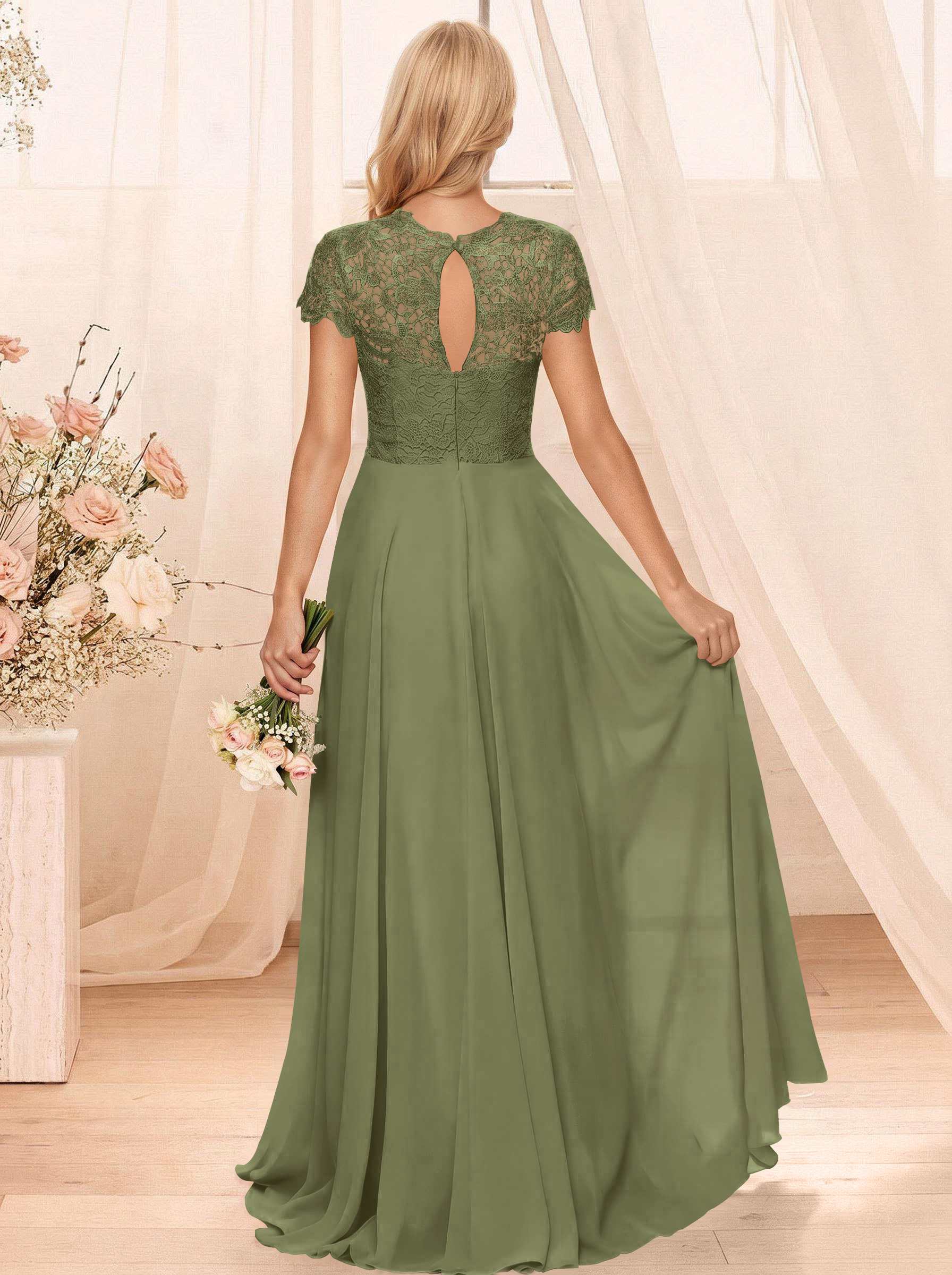 A-Line Scoop Neck Sleeveless Cap Straps Chiffon Floor-Length Bridesmaid Dresses With Lace, product image 120