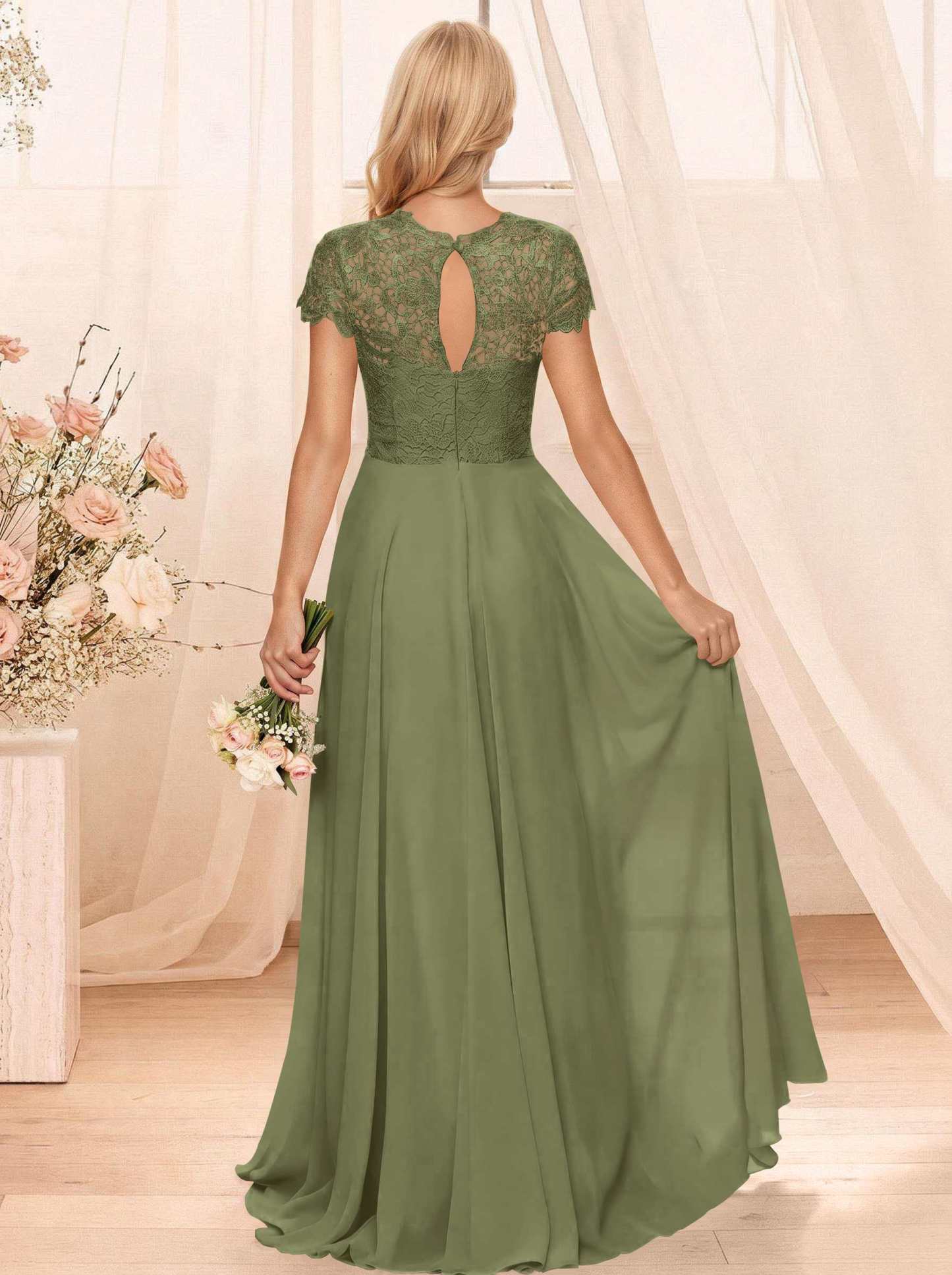 A-Line Scoop Neck Sleeveless Cap Straps Chiffon Floor-Length Bridesmaid Dresses With Lace, product image 120