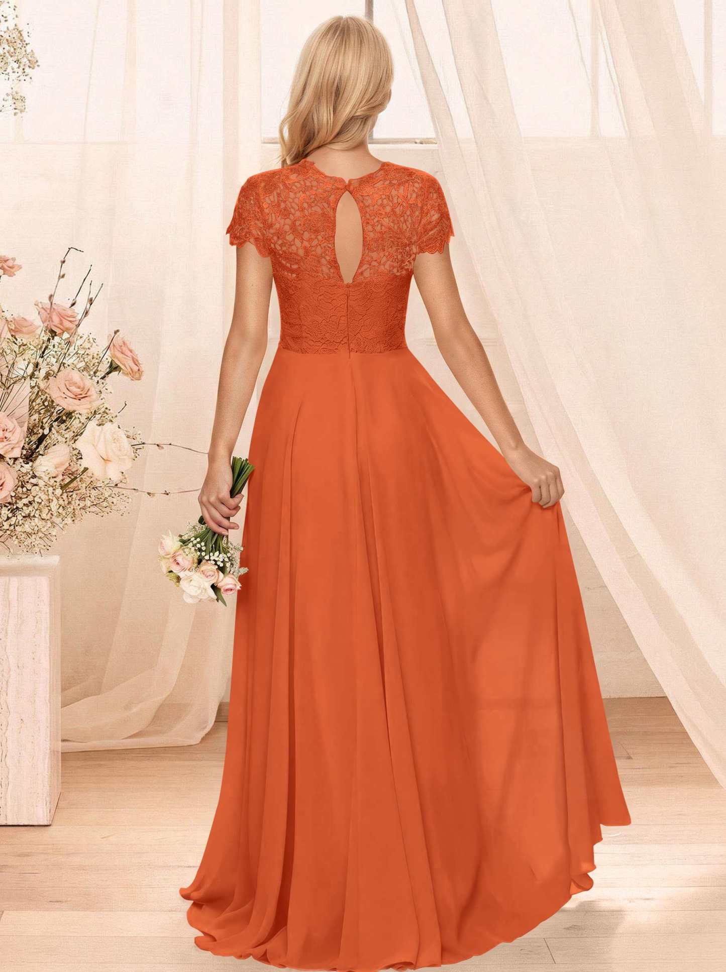 A-Line Scoop Neck Sleeveless Cap Straps Chiffon Floor-Length Bridesmaid Dresses With Lace, product image 104