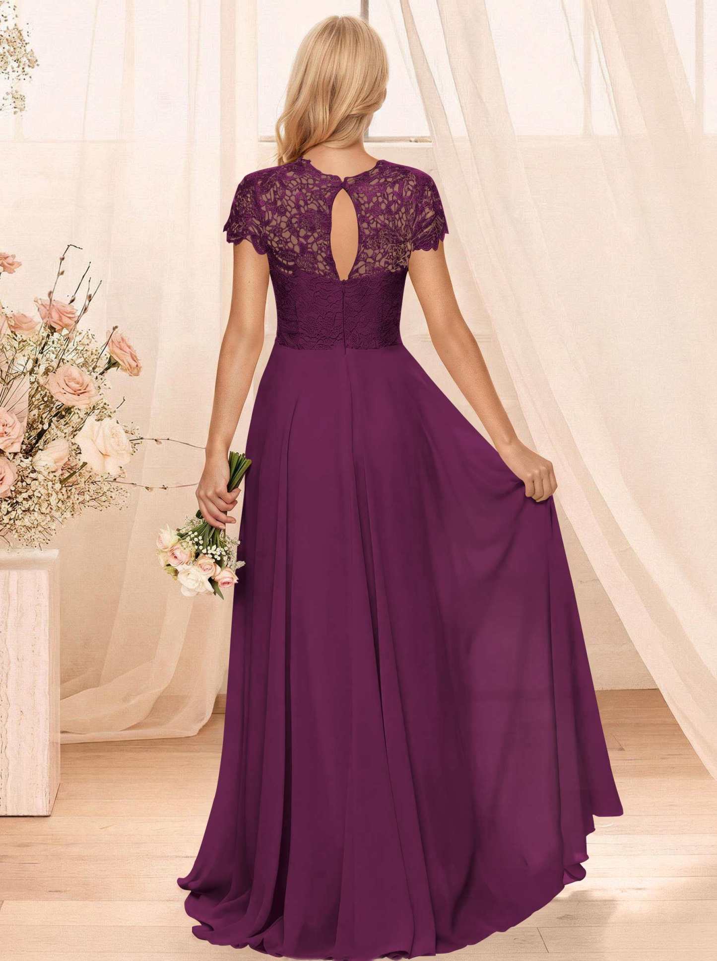 A-Line Scoop Neck Sleeveless Cap Straps Chiffon Floor-Length Bridesmaid Dresses With Lace, product image 72