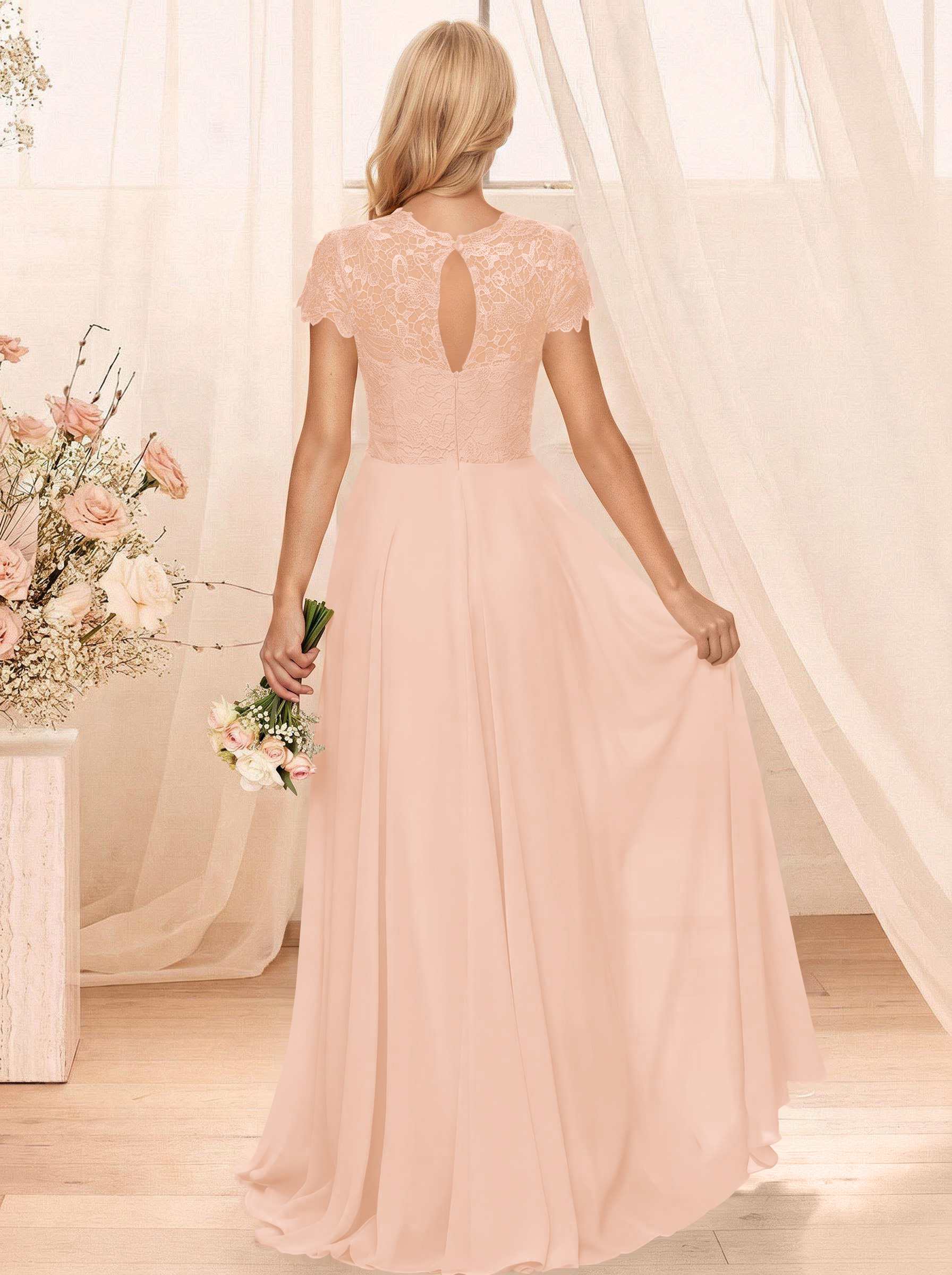A-Line Scoop Neck Sleeveless Cap Straps Chiffon Floor-Length Bridesmaid Dresses With Lace, product image 42