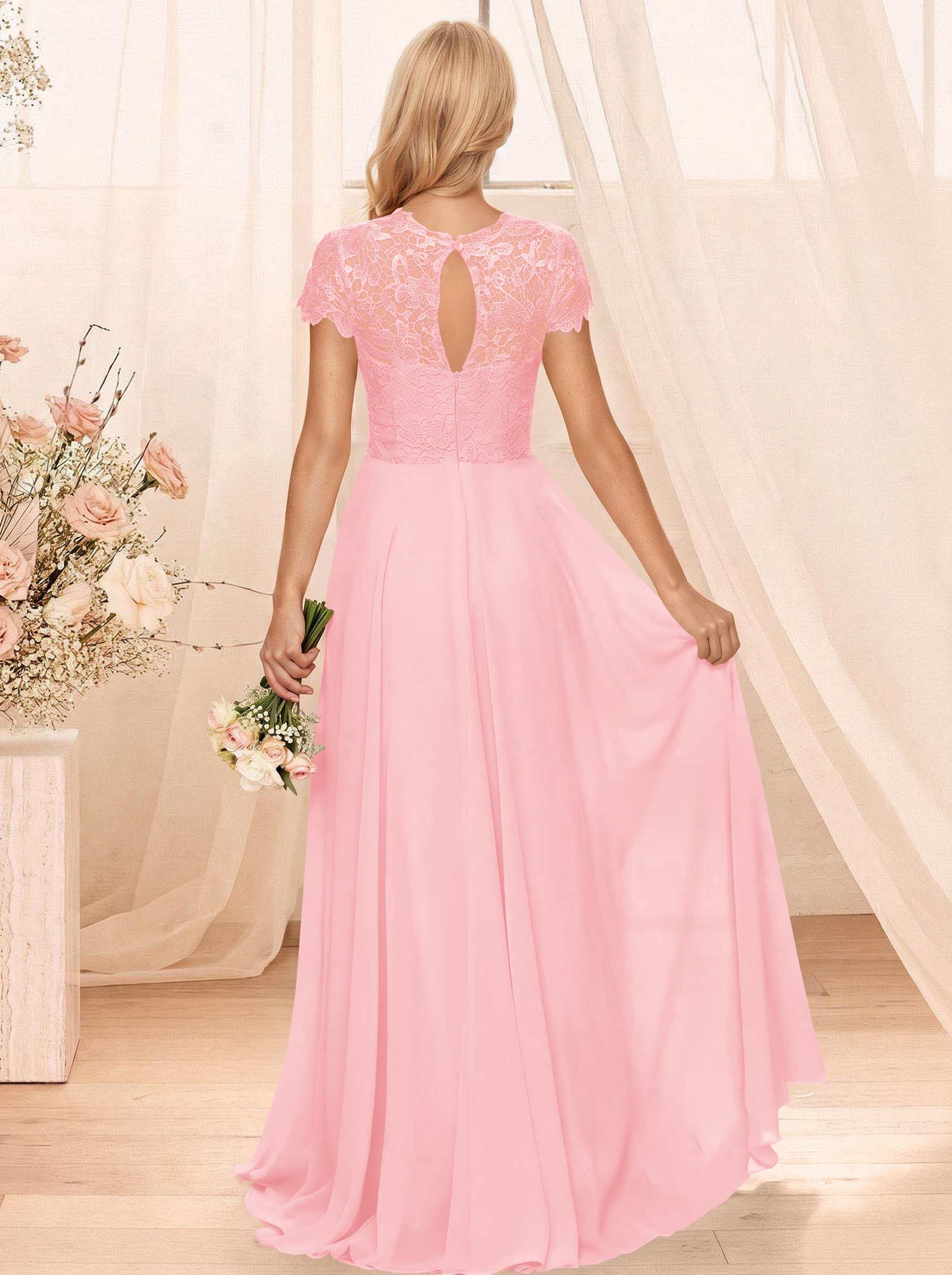 A-Line Scoop Neck Sleeveless Cap Straps Chiffon Floor-Length Bridesmaid Dresses With Lace, product image 46