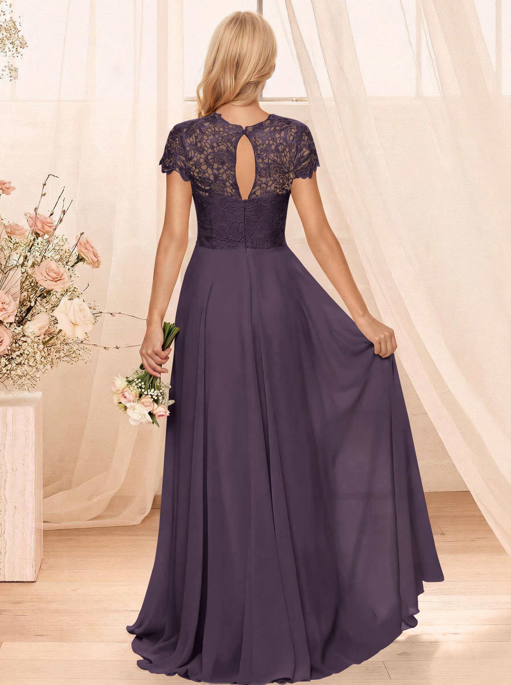 A-Line Scoop Neck Sleeveless Cap Straps Chiffon Floor-Length Bridesmaid Dresses With Lace, product image 68