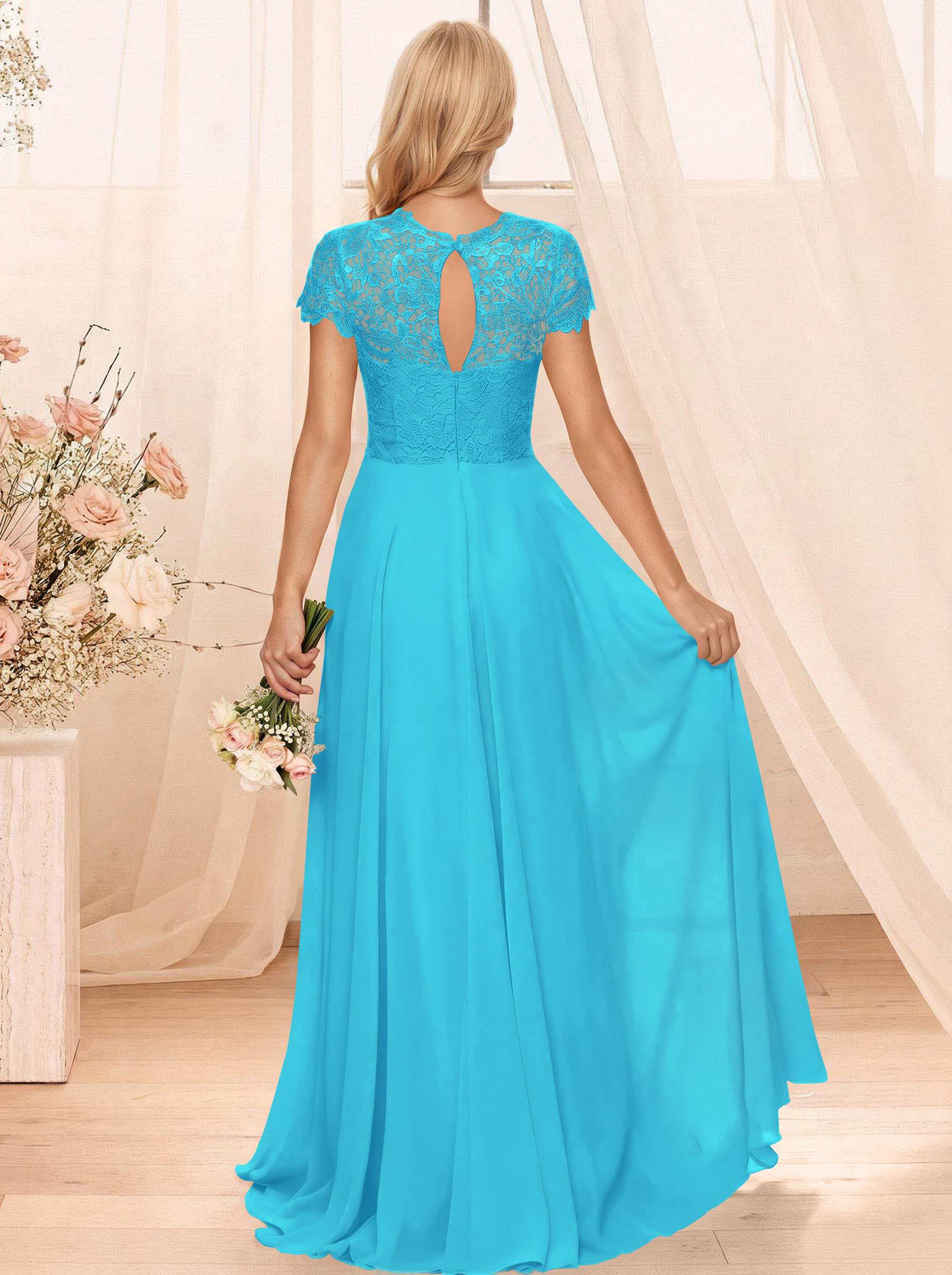 A-Line Scoop Neck Sleeveless Cap Straps Chiffon Floor-Length Bridesmaid Dresses With Lace, product image 20