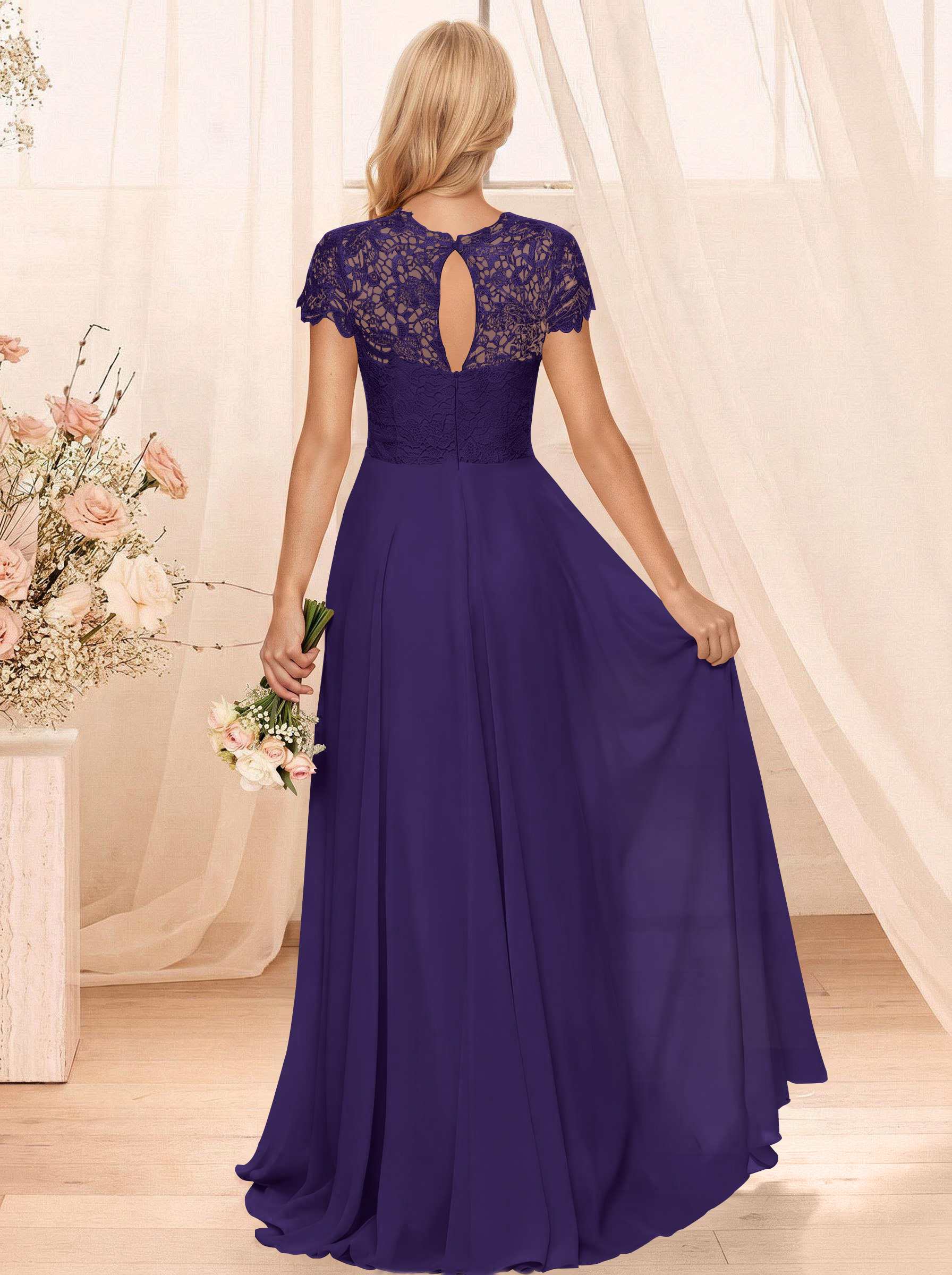 A-Line Scoop Neck Sleeveless Cap Straps Chiffon Floor-Length Bridesmaid Dresses With Lace, product image 78