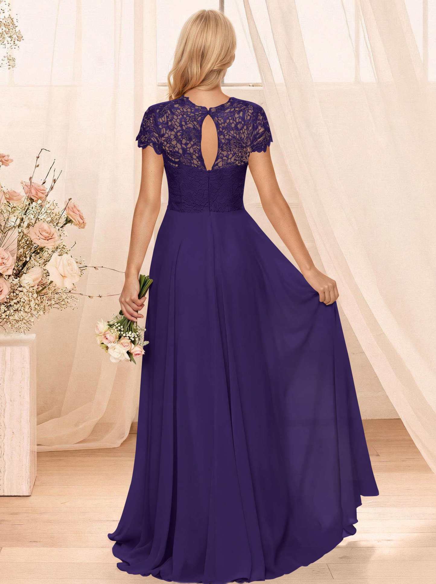 A-Line Scoop Neck Sleeveless Cap Straps Chiffon Floor-Length Bridesmaid Dresses With Lace, product image 78
