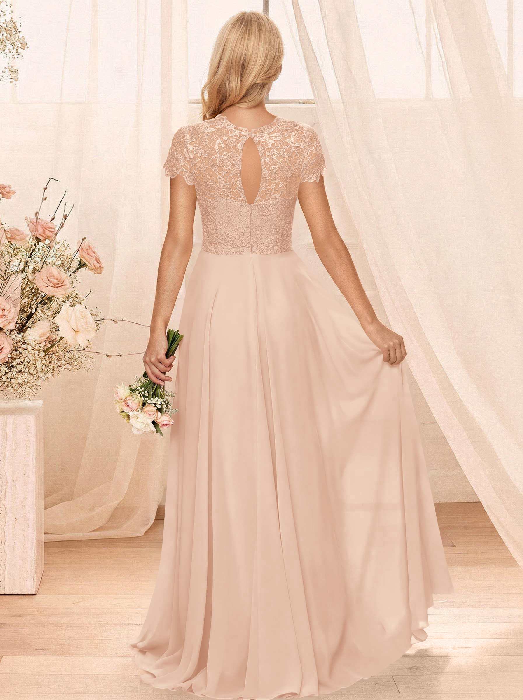 A-Line Scoop Neck Sleeveless Cap Straps Chiffon Floor-Length Bridesmaid Dresses With Lace, product image 126
