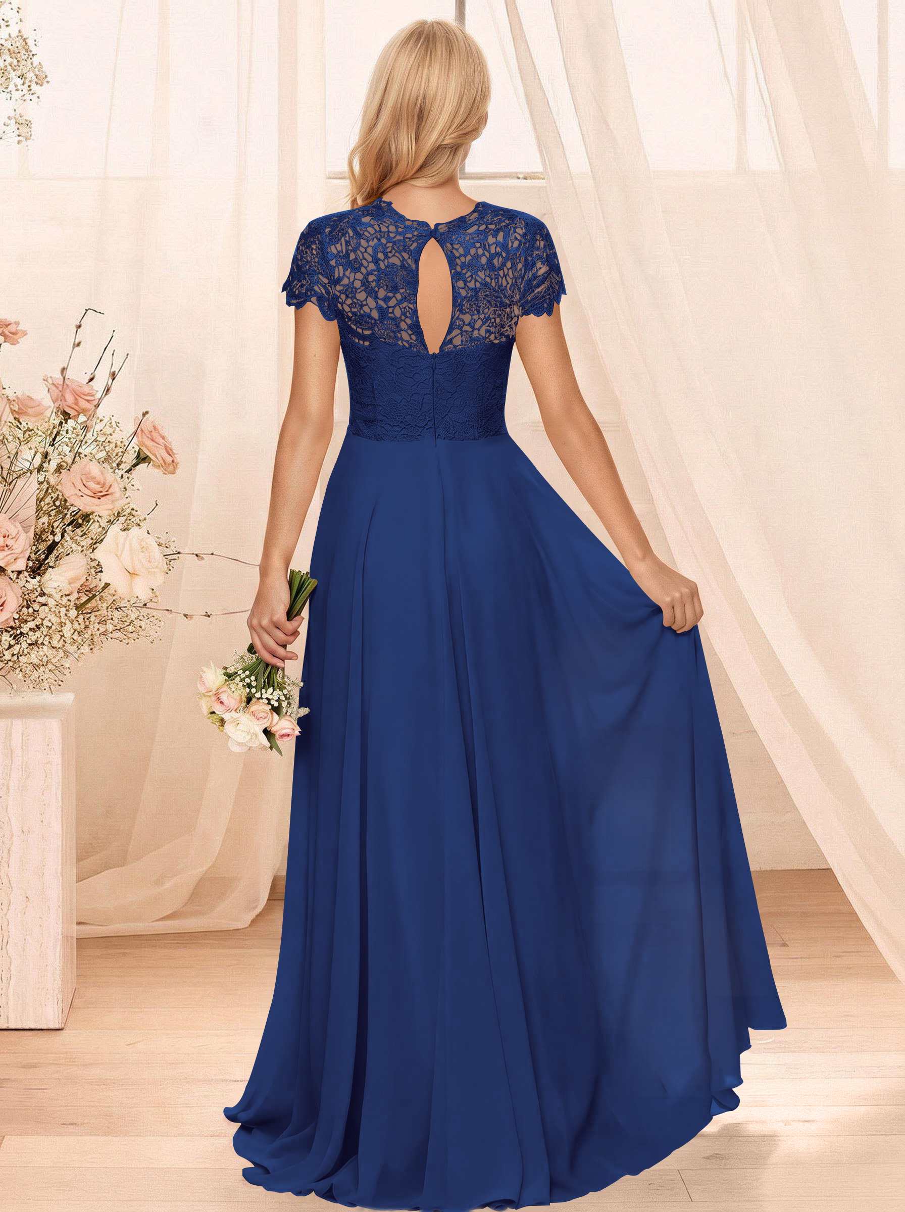 A-Line Scoop Neck Sleeveless Cap Straps Chiffon Floor-Length Bridesmaid Dresses With Lace, product image 16