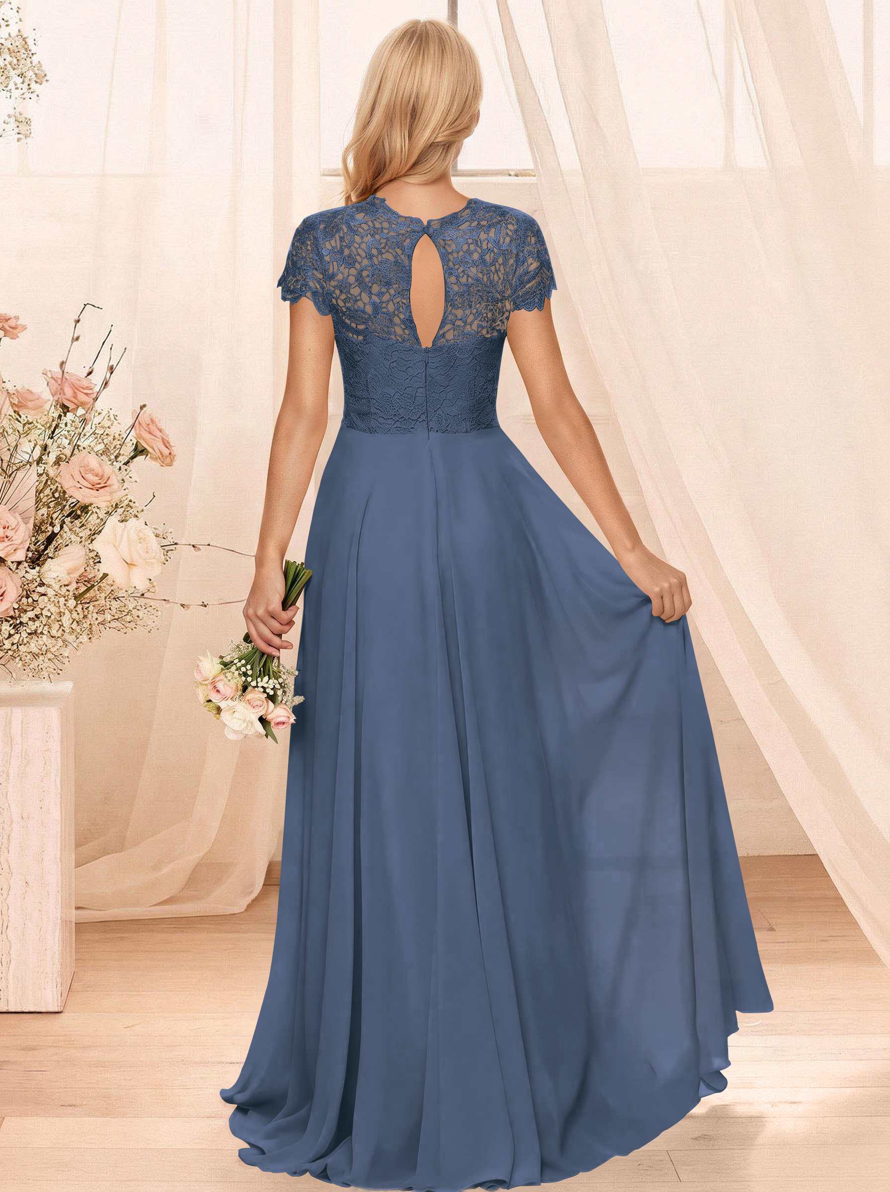 A-Line Scoop Neck Sleeveless Cap Straps Chiffon Floor-Length Bridesmaid Dresses With Lace, product image 10