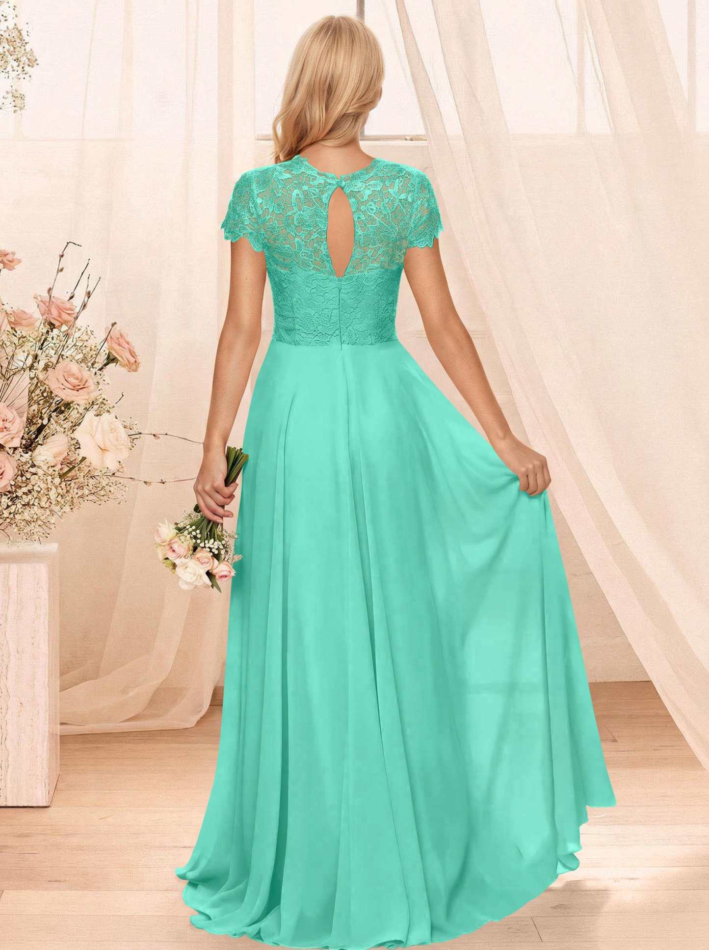 A-Line Scoop Neck Sleeveless Cap Straps Chiffon Floor-Length Bridesmaid Dresses With Lace, product image 94