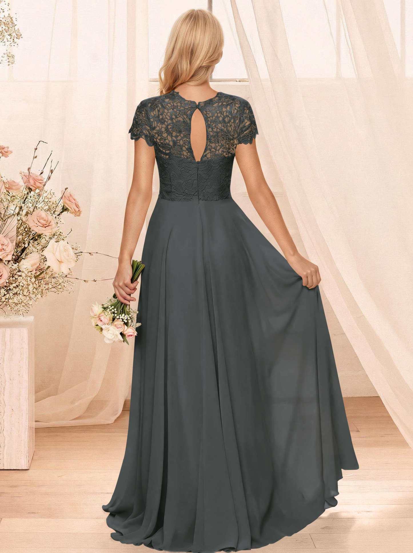 A-Line Scoop Neck Sleeveless Cap Straps Chiffon Floor-Length Bridesmaid Dresses With Lace, product image 116