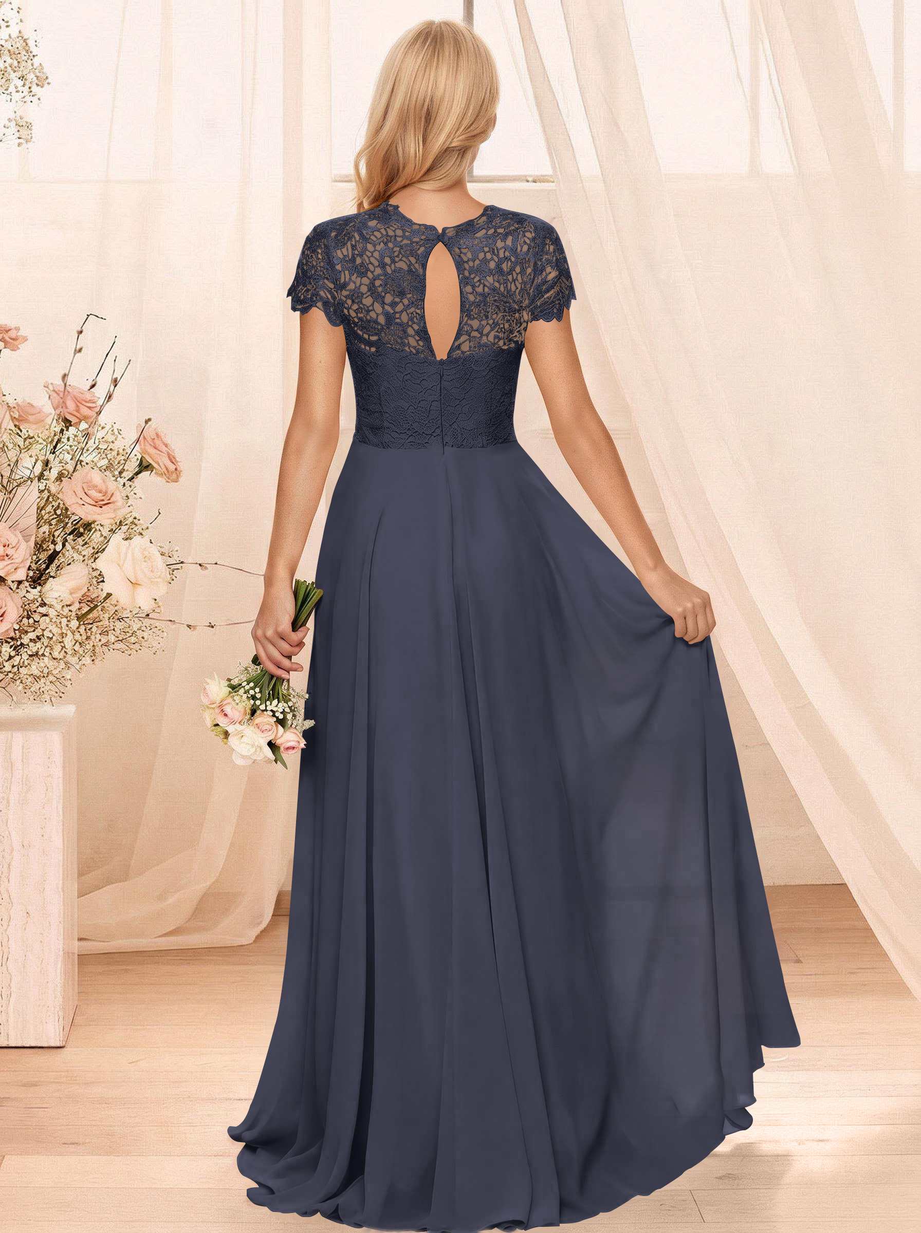 A-Line Scoop Neck Sleeveless Cap Straps Chiffon Floor-Length Bridesmaid Dresses With Lace, product image 12