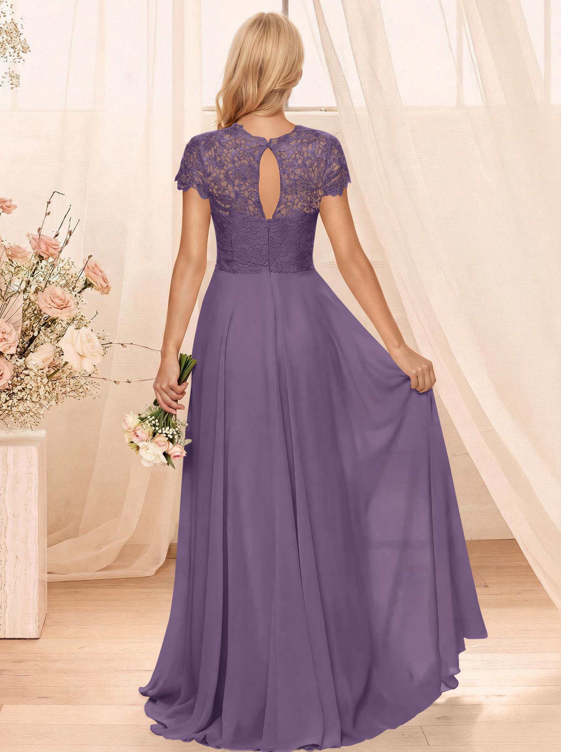 A-Line Scoop Neck Sleeveless Cap Straps Chiffon Floor-Length Bridesmaid Dresses With Lace, product image 66
